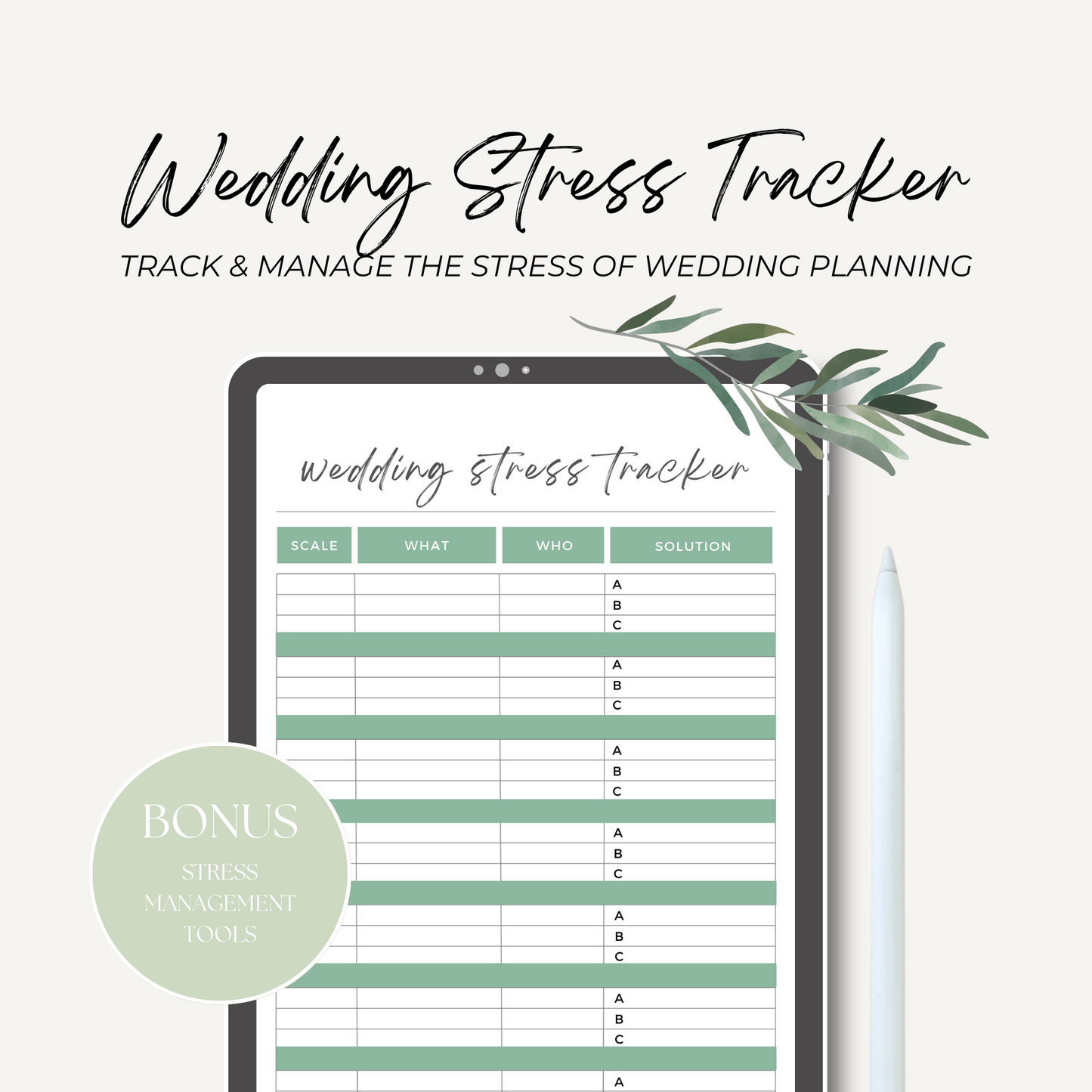 PRINTABLE wedding stress tracker | wedding anxiety tracker | wedding stress management | sage green wedding | wedding anxiety tool template