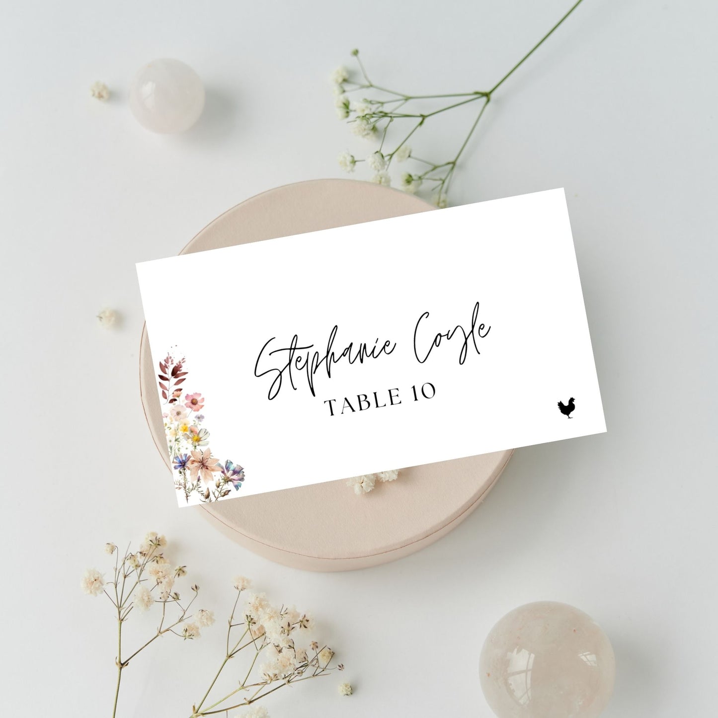 Wildflower Wedding Place Card Template, Tent & Flat Printable Name Card, Folded Wedding Escort Cards with Food Icons, Editable in FREE Canva