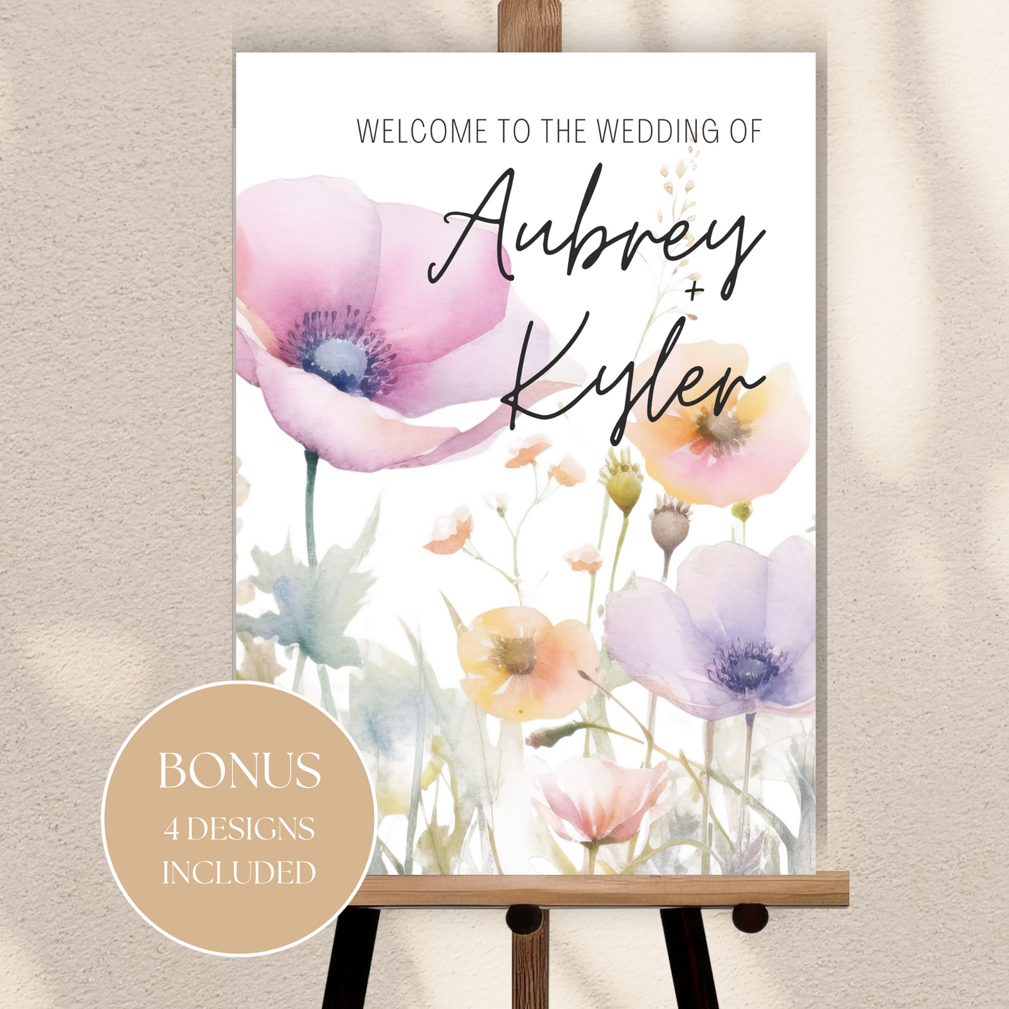 Wildflower Welcome Sign | Floral Wedding Welcome Sign, Boho Welcome Sign Template | Canva INSTANT Download | BONUS 4 Designs
