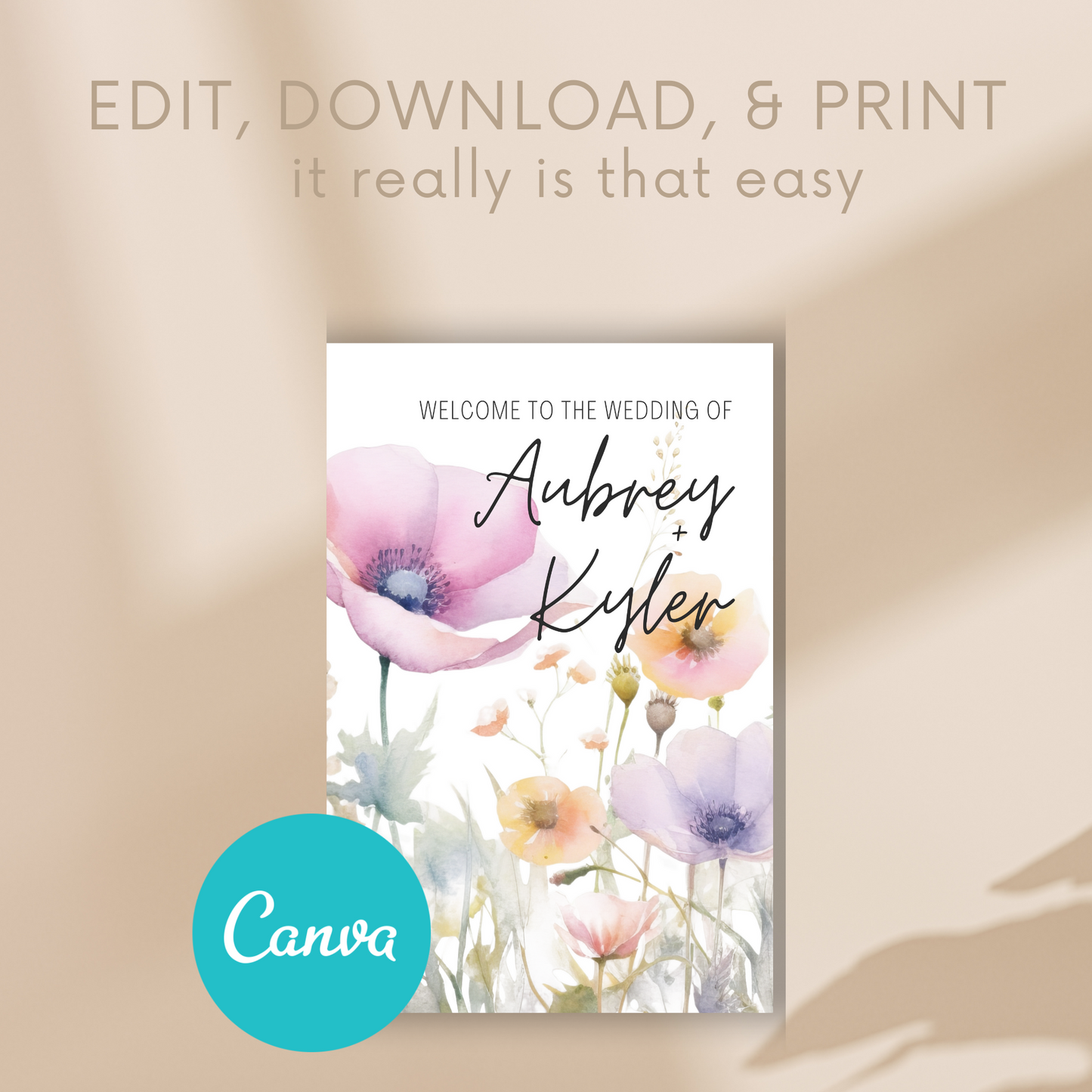 Wildflower Welcome Sign | Floral Wedding Welcome Sign, Boho Welcome Sign Template | Canva INSTANT Download | BONUS 4 Designs
