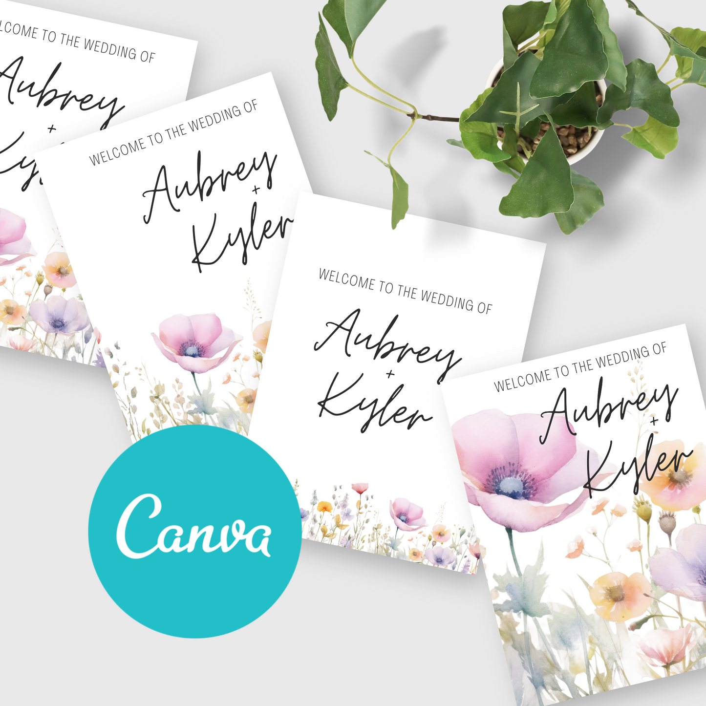 Wildflower Welcome Sign | Floral Wedding Welcome Sign, Boho Welcome Sign Template | Canva INSTANT Download | BONUS 4 Designs