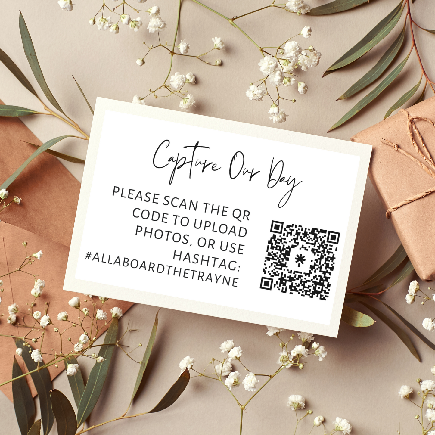 Capture Our Day Table Sign, Photo Sign, Modern Minimalist QR Photo Sign, Wedding Table Top Card, Flat or Folded Options, CANVA Template