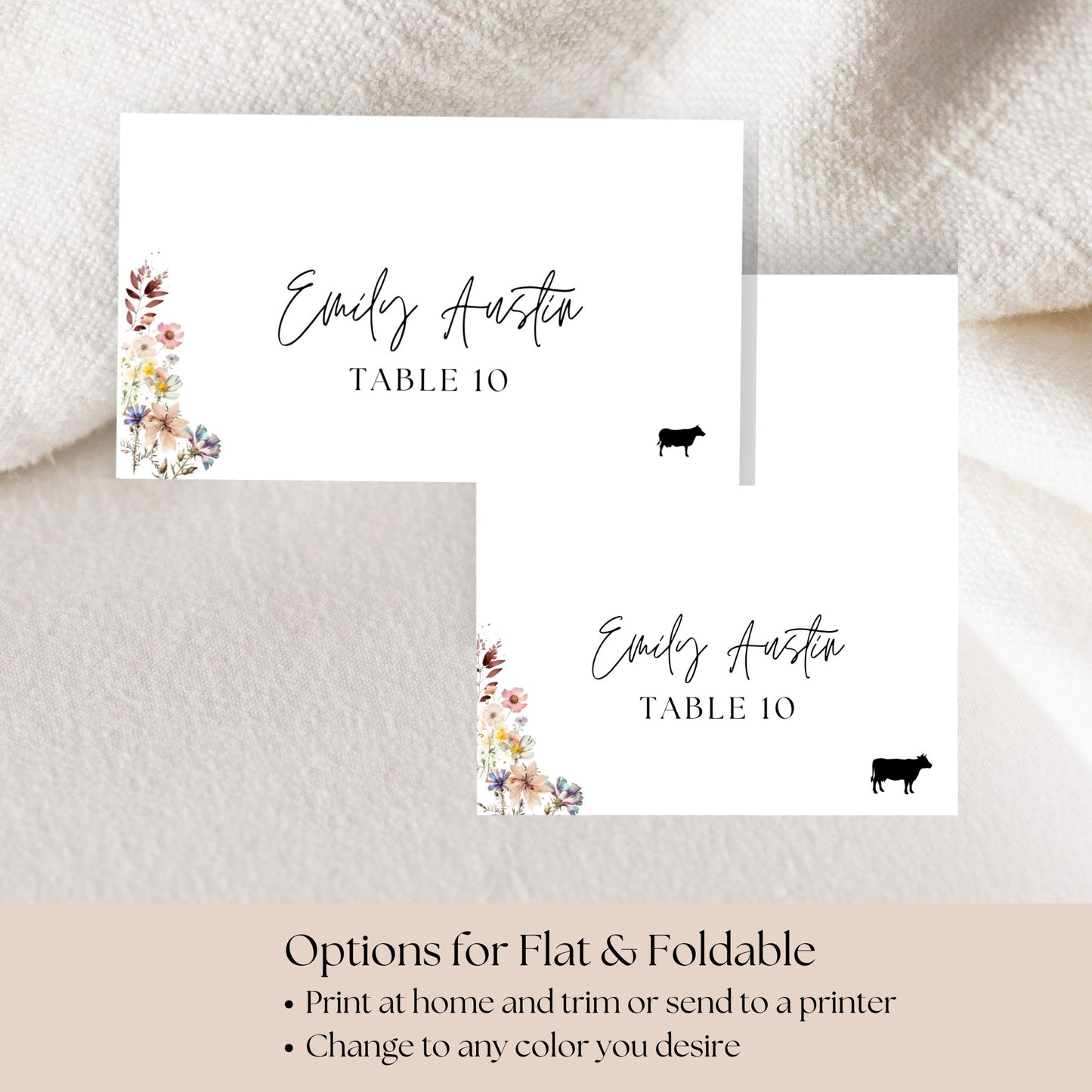 Wildflower Wedding Place Card Template, Tent & Flat Printable Name Card, Folded Wedding Escort Cards with Food Icons, Editable in FREE Canva