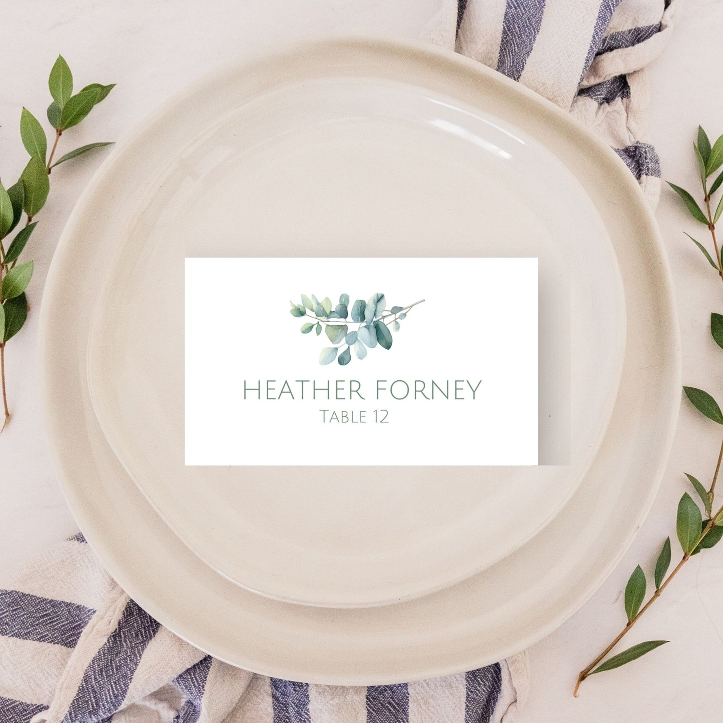 Sage Eucalyptus Wedding Place Card Template, Simple Printable Name Cards, Eucalyptus Wedding Escort Cards, Set of 5, Editable in FREE Canva