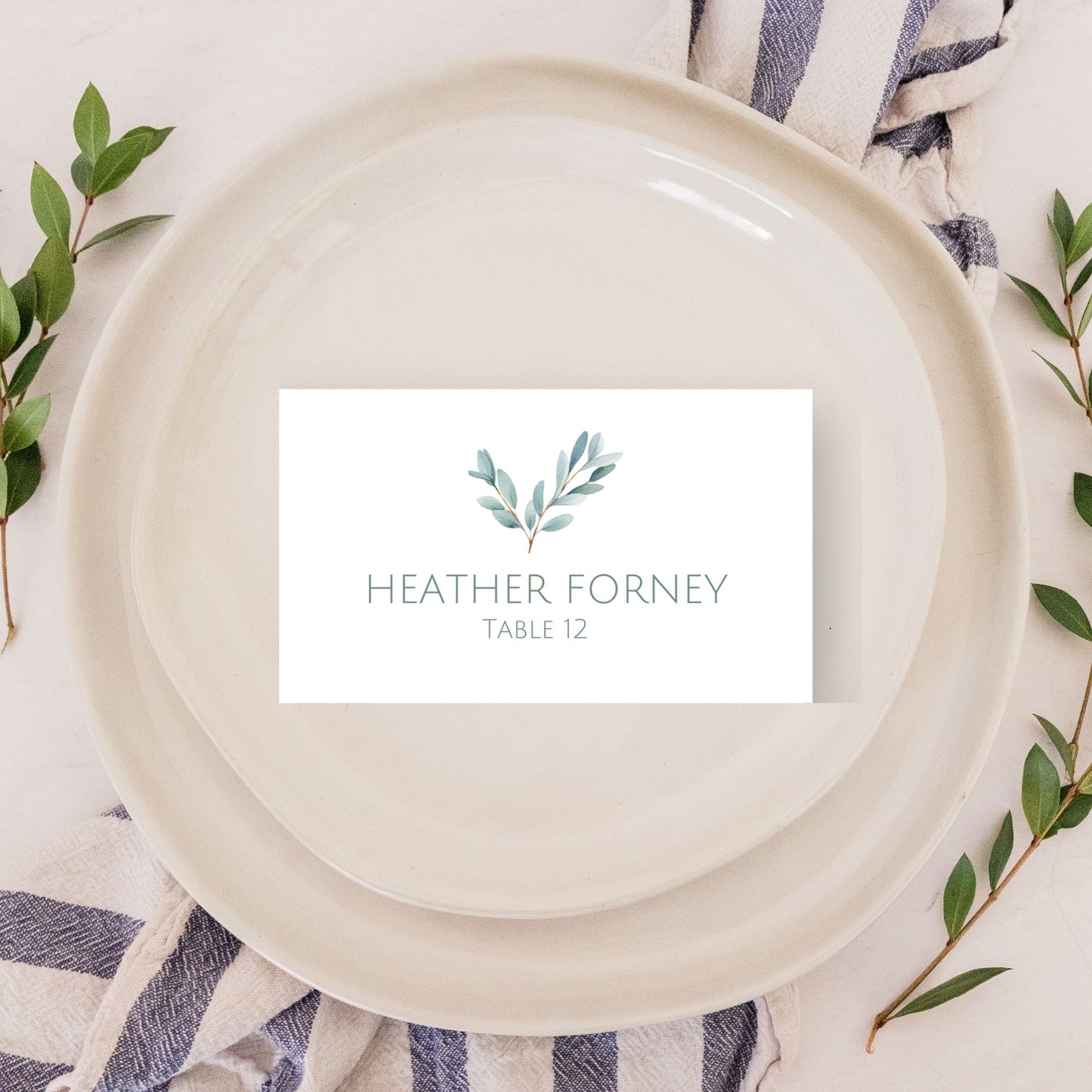 Sage Eucalyptus Wedding Place Card Template, Simple Printable Name Cards, Eucalyptus Wedding Escort Cards, Set of 5, Editable in FREE Canva