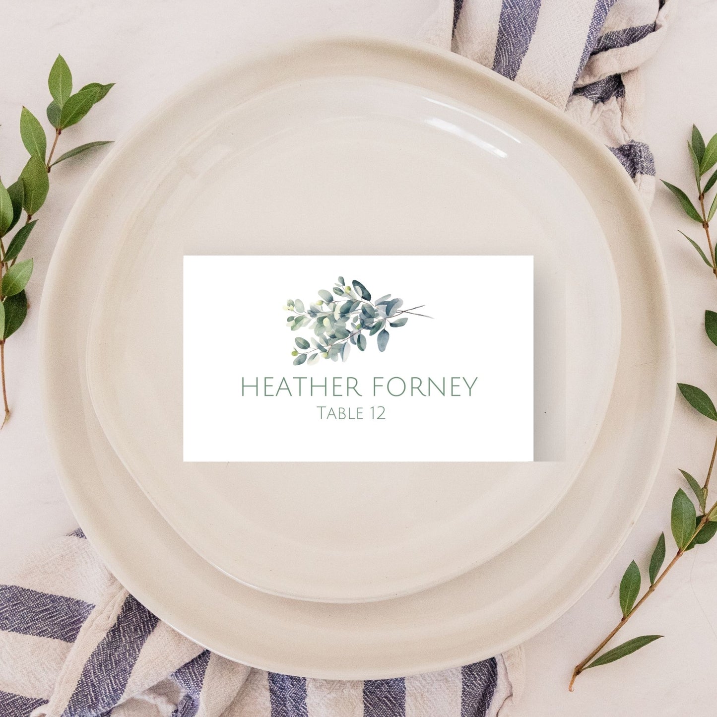 Sage Eucalyptus Wedding Place Card Template, Simple Printable Name Cards, Eucalyptus Wedding Escort Cards, Set of 5, Editable in FREE Canva