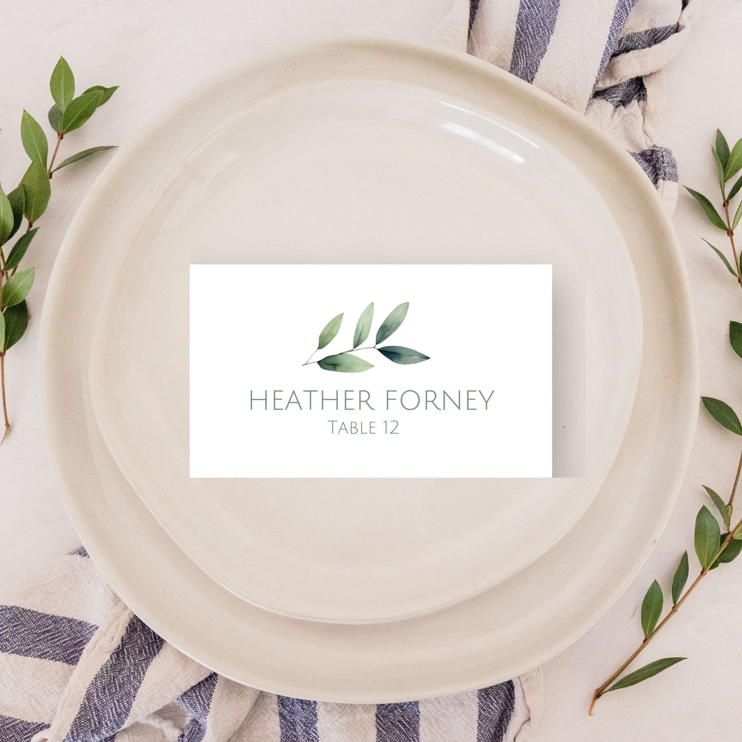 Sage Eucalyptus Wedding Place Card Template, Simple Printable Name Cards, Eucalyptus Wedding Escort Cards, Set of 5, Editable in FREE Canva