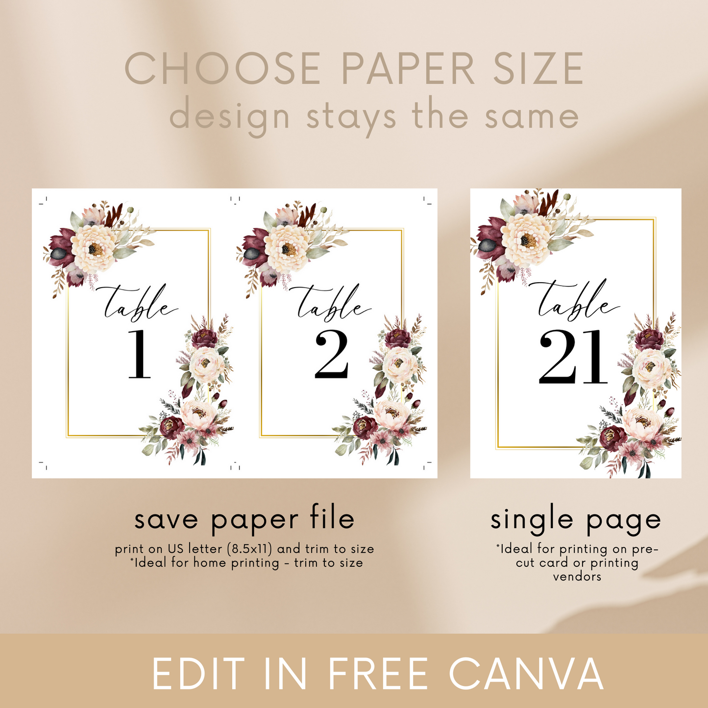 Burgundy & Blush Floral Table Numbers Template | 5x7 Table Numbers Printable | Wedding Floral Table Numbers | BURGBLUSHFLORAL