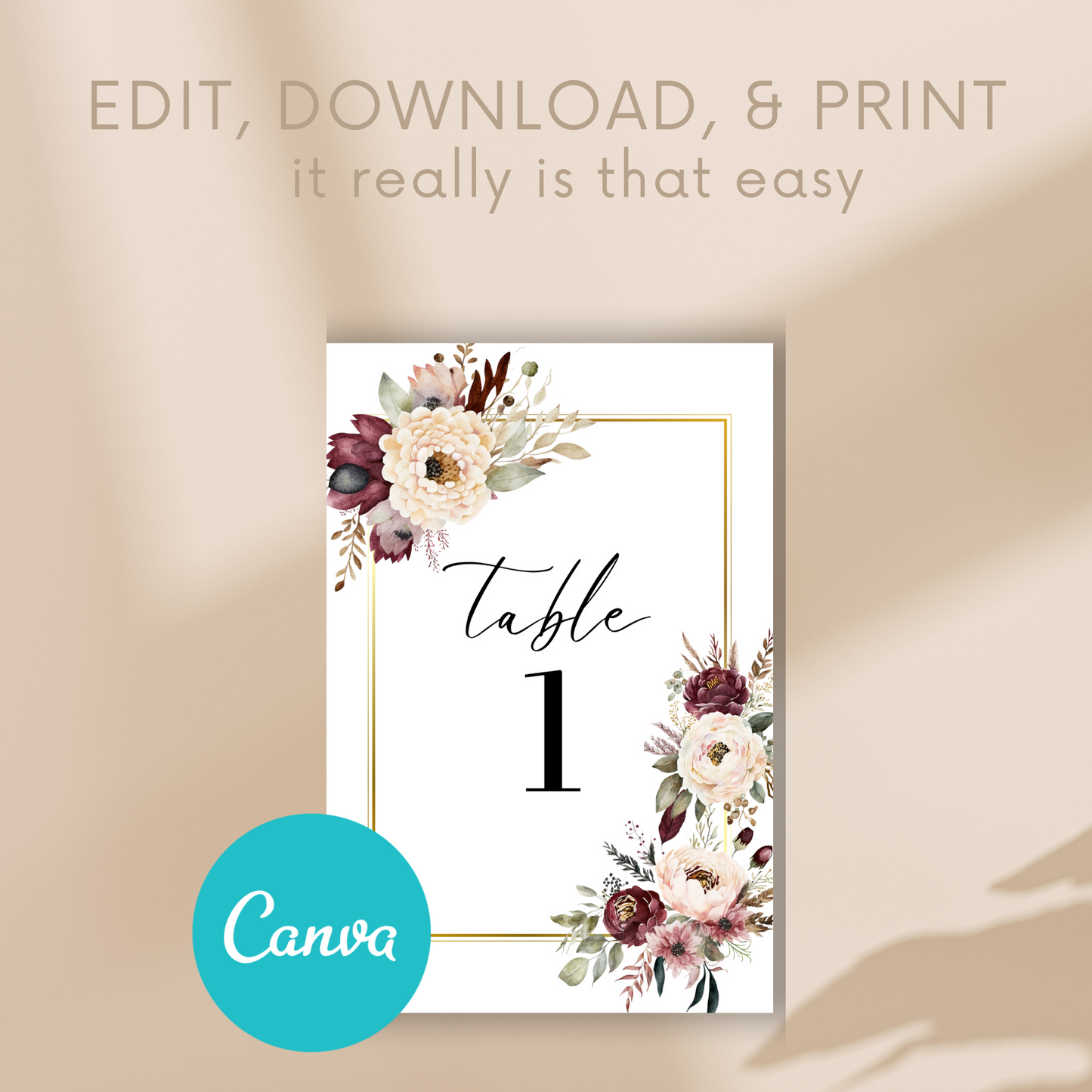 Burgundy & Blush Floral Table Numbers Template | 5x7 Table Numbers Printable | Wedding Floral Table Numbers | BURGBLUSHFLORAL