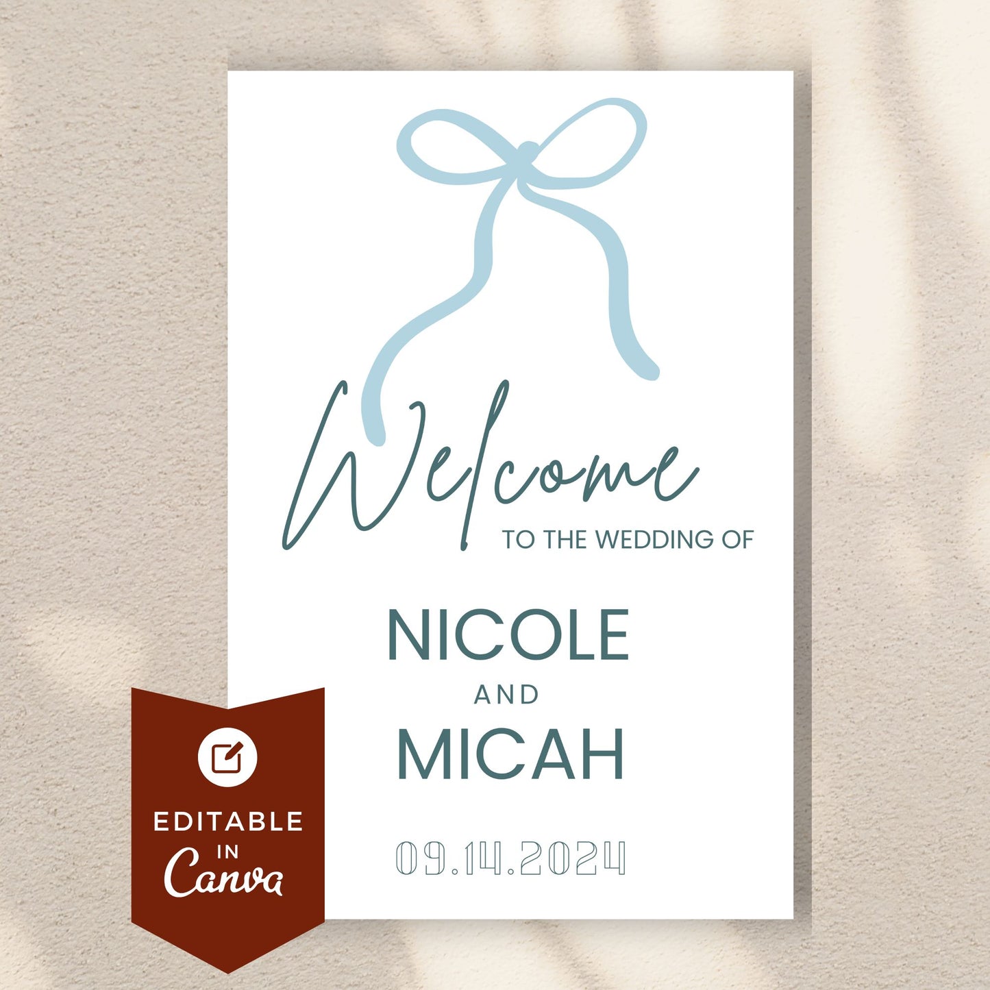 Bow Design Wedding Welcome Sign | Baby Shower Welcome Sign | Dusty Blue Wedding | DIY Customized Wedding Sign | Canva INSTANT Download