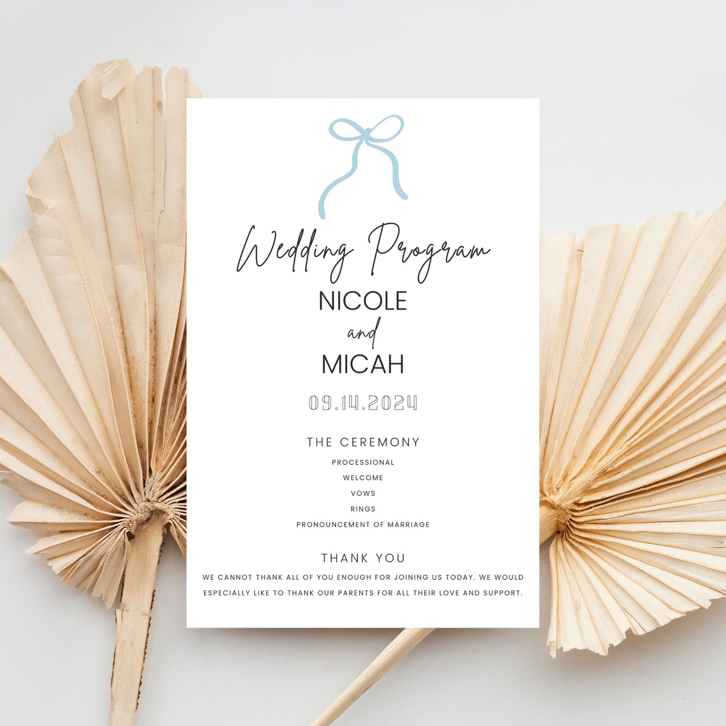 DIY Bow Wedding Program Canva Template | Wedding Program | 5x7 Program | INSTANT Download | Bridal Party | Dusty Blue Wedding Program