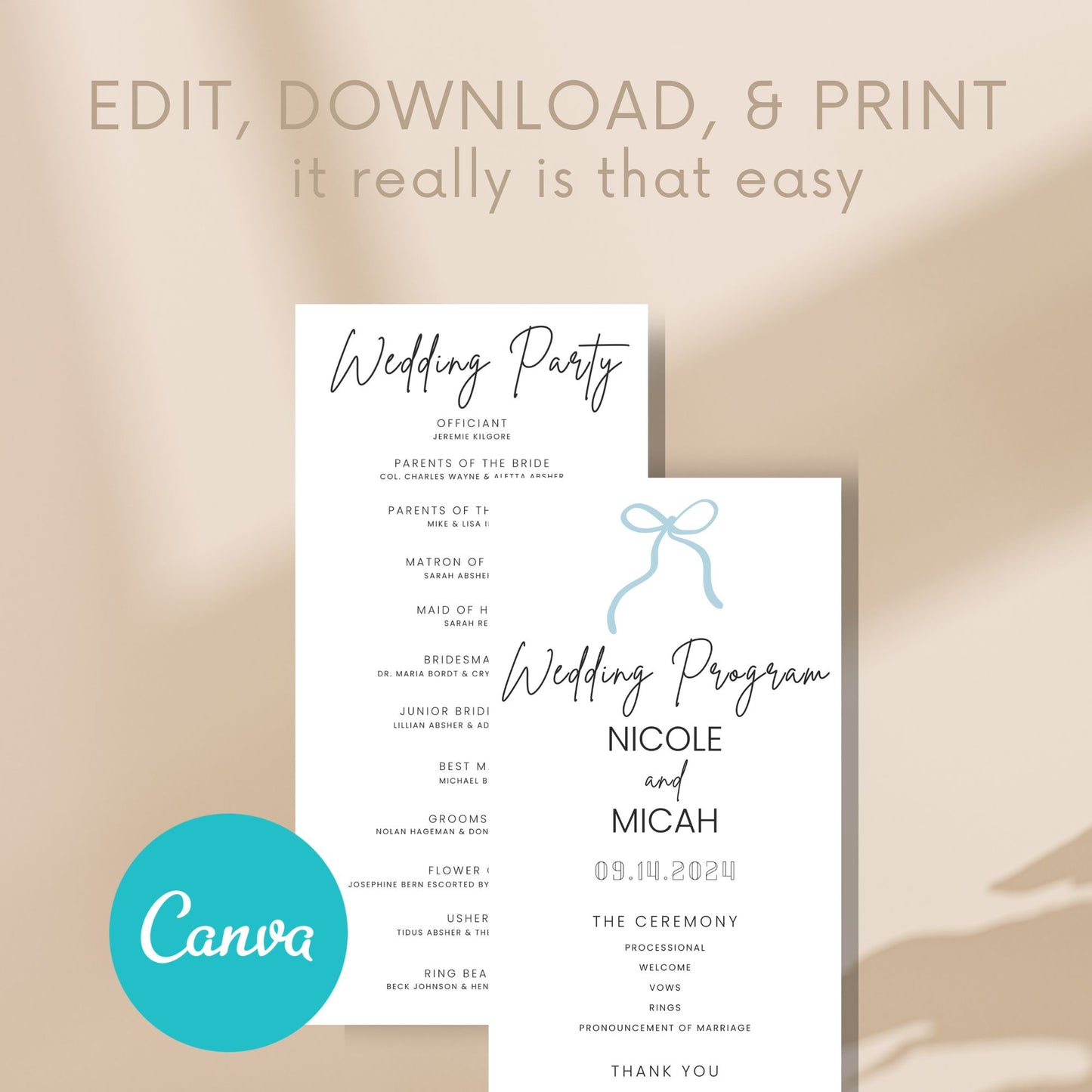DIY Bow Wedding Program Canva Template | Wedding Program | 5x7 Program | INSTANT Download | Bridal Party | Dusty Blue Wedding Program