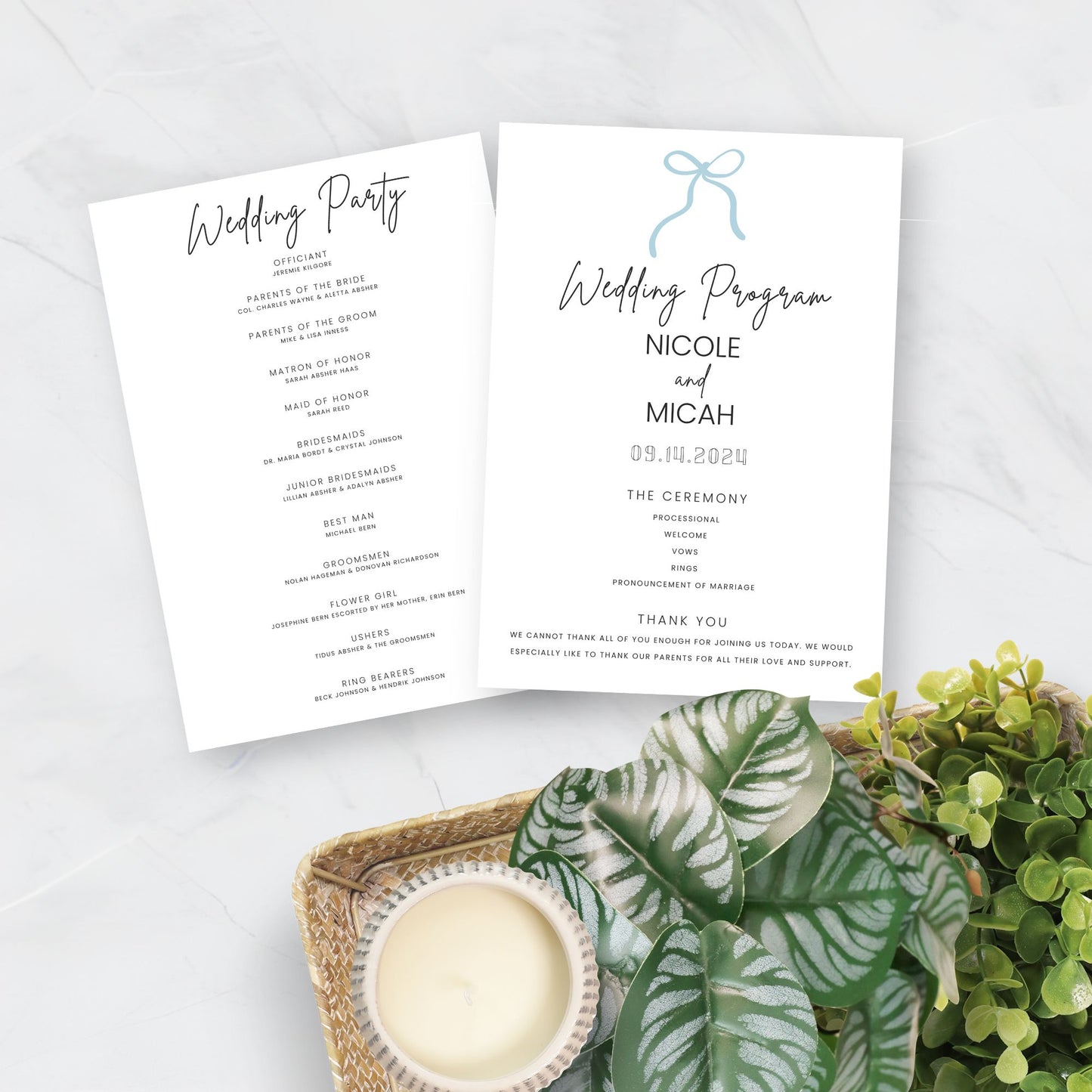 DIY Bow Wedding Program Canva Template | Wedding Program | 5x7 Program | INSTANT Download | Bridal Party | Dusty Blue Wedding Program