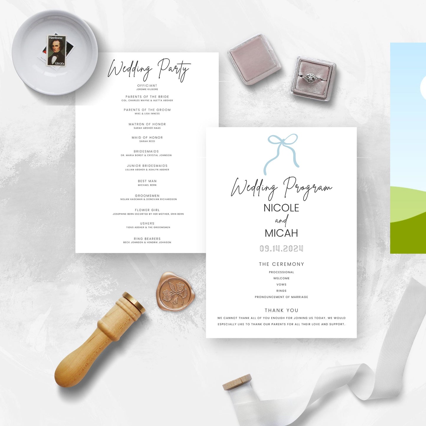 DIY Bow Wedding Program Canva Template | Wedding Program | 5x7 Program | INSTANT Download | Bridal Party | Dusty Blue Wedding Program