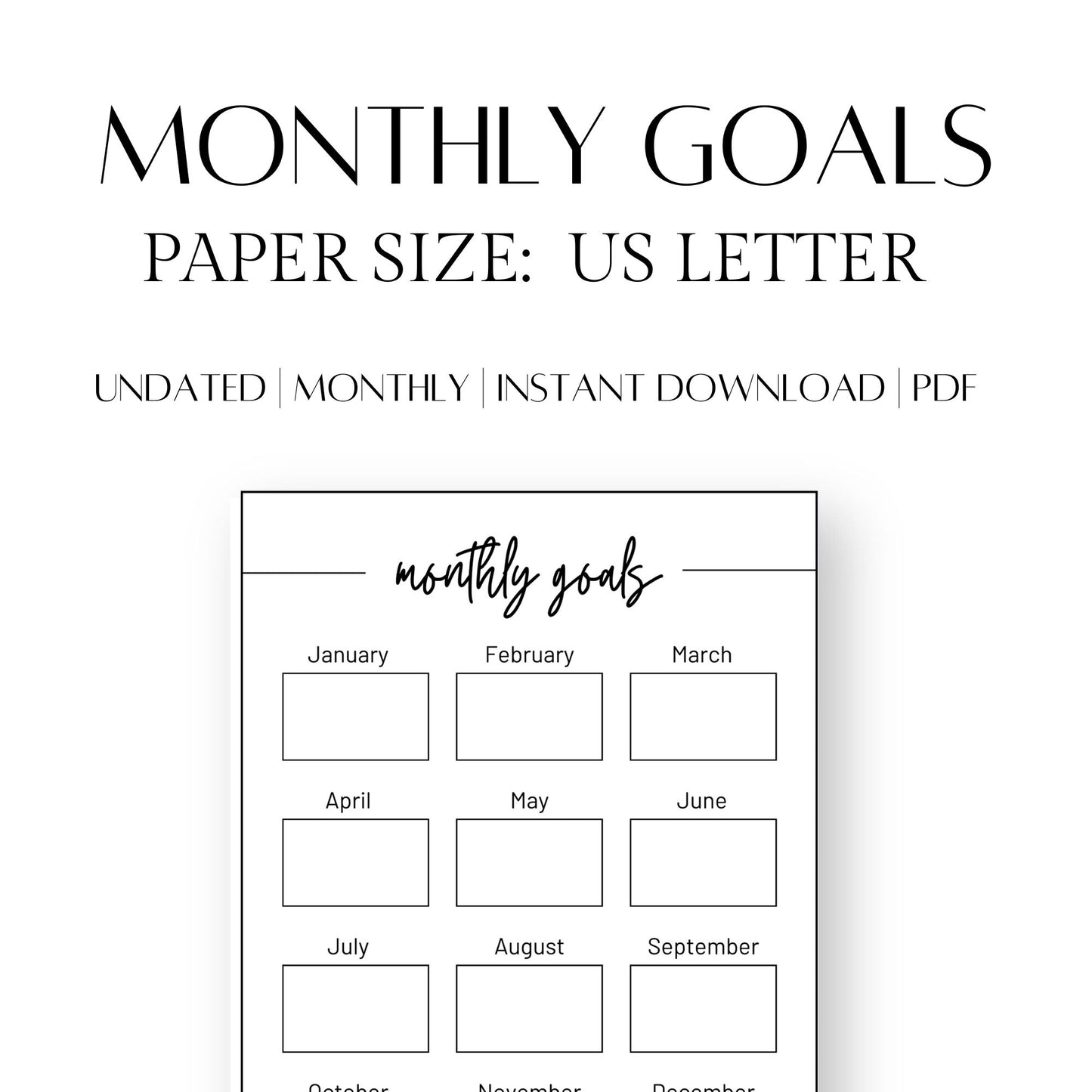 Minimalist Undated Monthly Goal Planner Printable, Monthly Goal Setting Template, Monthly Goal Progress Tracker, Instant Download PDF