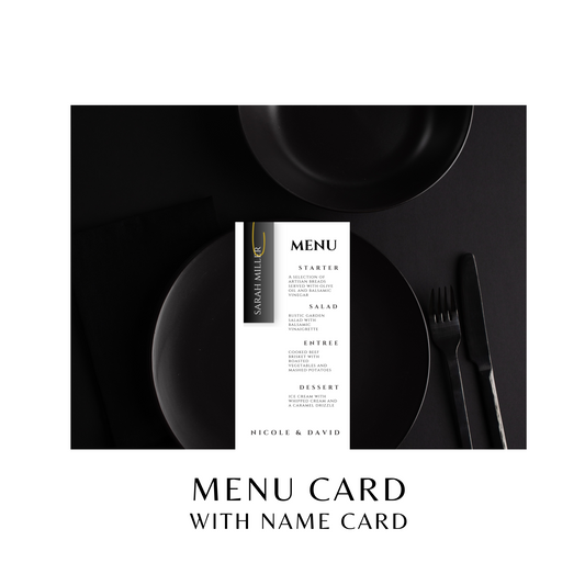 Classic and Bold Wedding Menu with Name Cards Canva Template | Modern Black & White Minimal Menu Card | Tall 4x8 Card | INSTANT Download