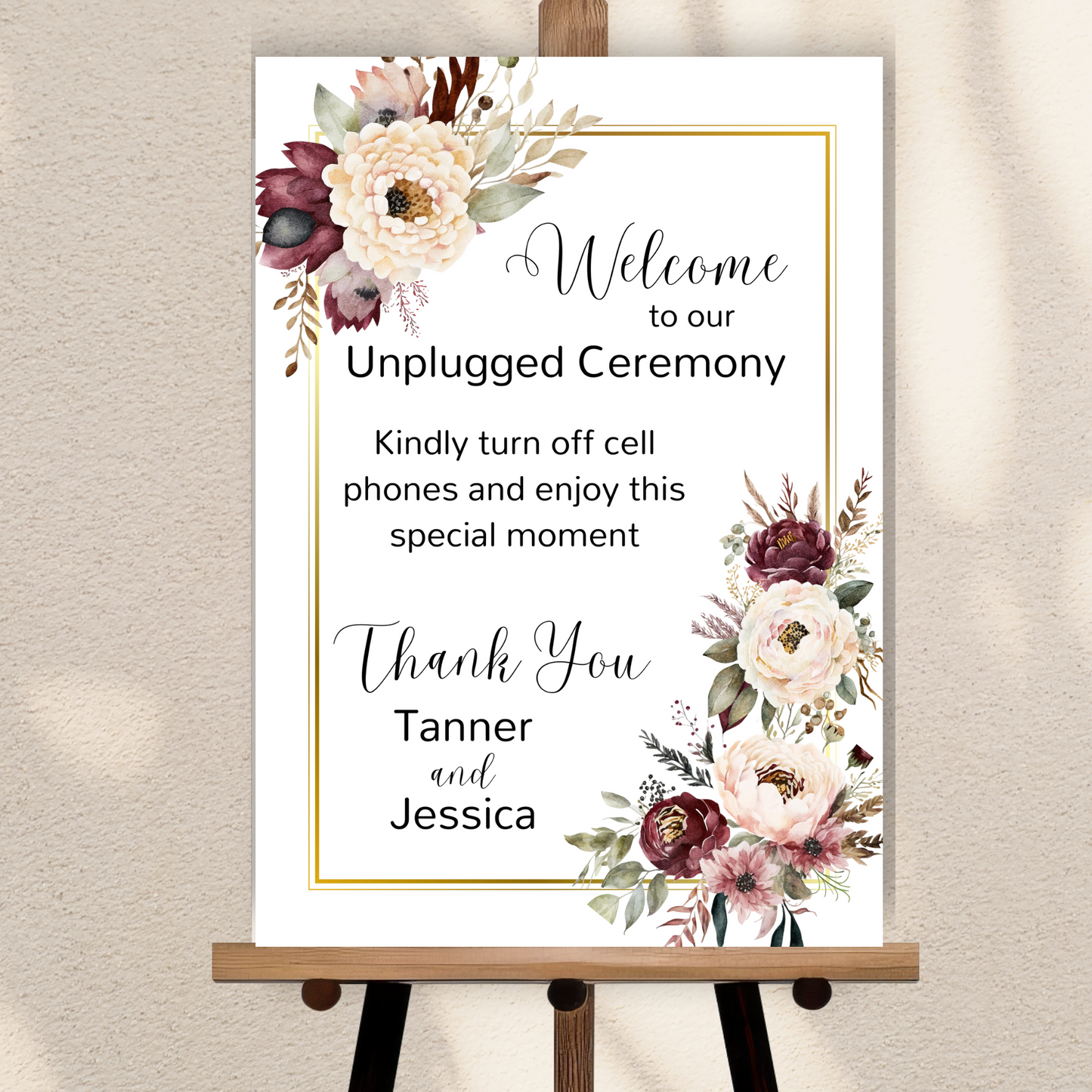 Burgundy & Blush Floral Welcome Unplugged Sign | Floral Wedding Welcome Sign, Unplugged Welcome Sign Template | Canva INSTANT Download