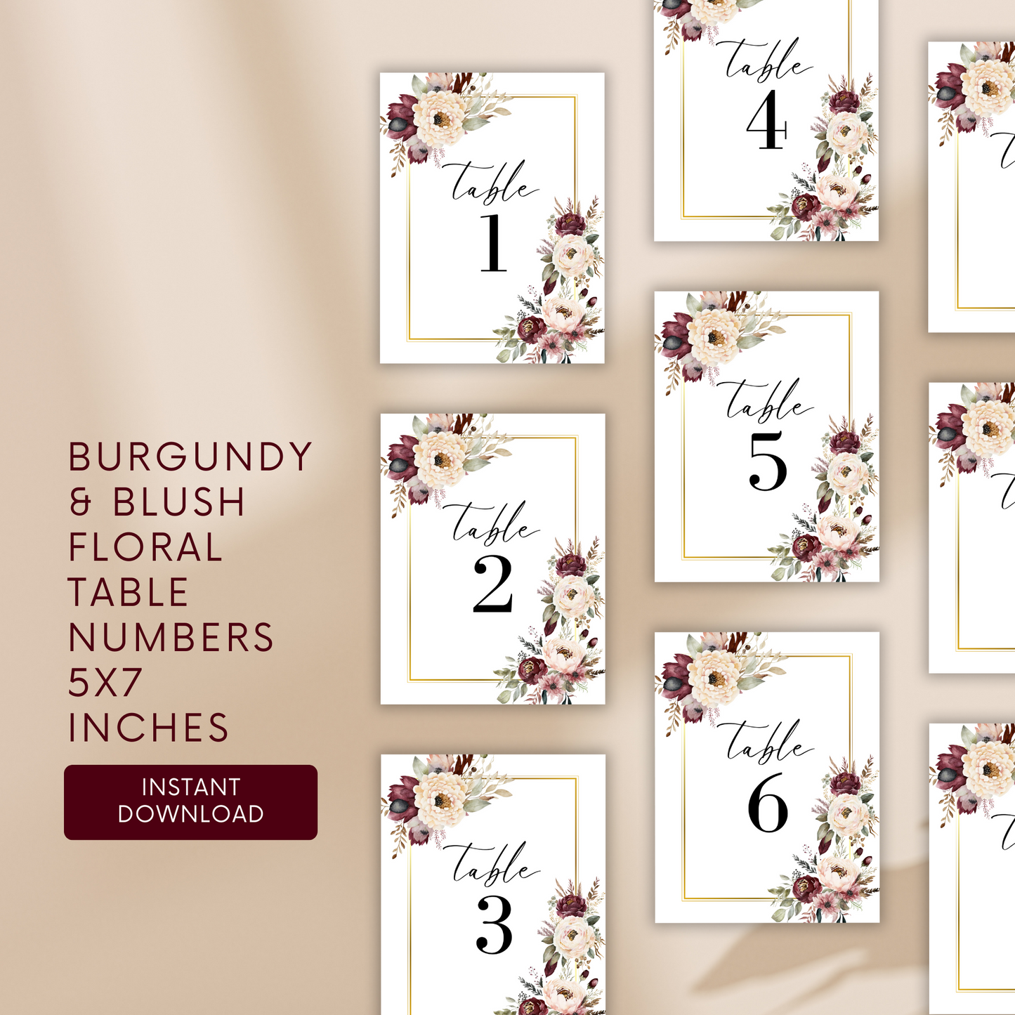 Burgundy & Blush Floral Table Numbers Template | 5x7 Table Numbers Printable | Wedding Floral Table Numbers | BURGBLUSHFLORAL