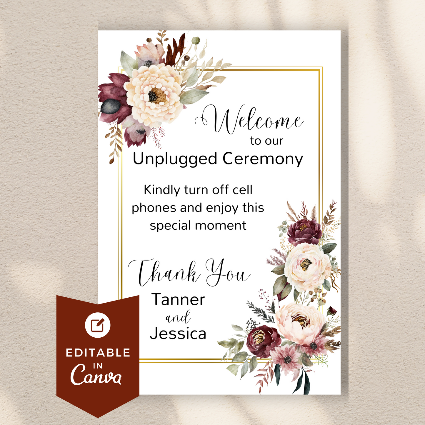 Burgundy & Blush Floral Welcome Unplugged Sign | Floral Wedding Welcome Sign, Unplugged Welcome Sign Template | Canva INSTANT Download