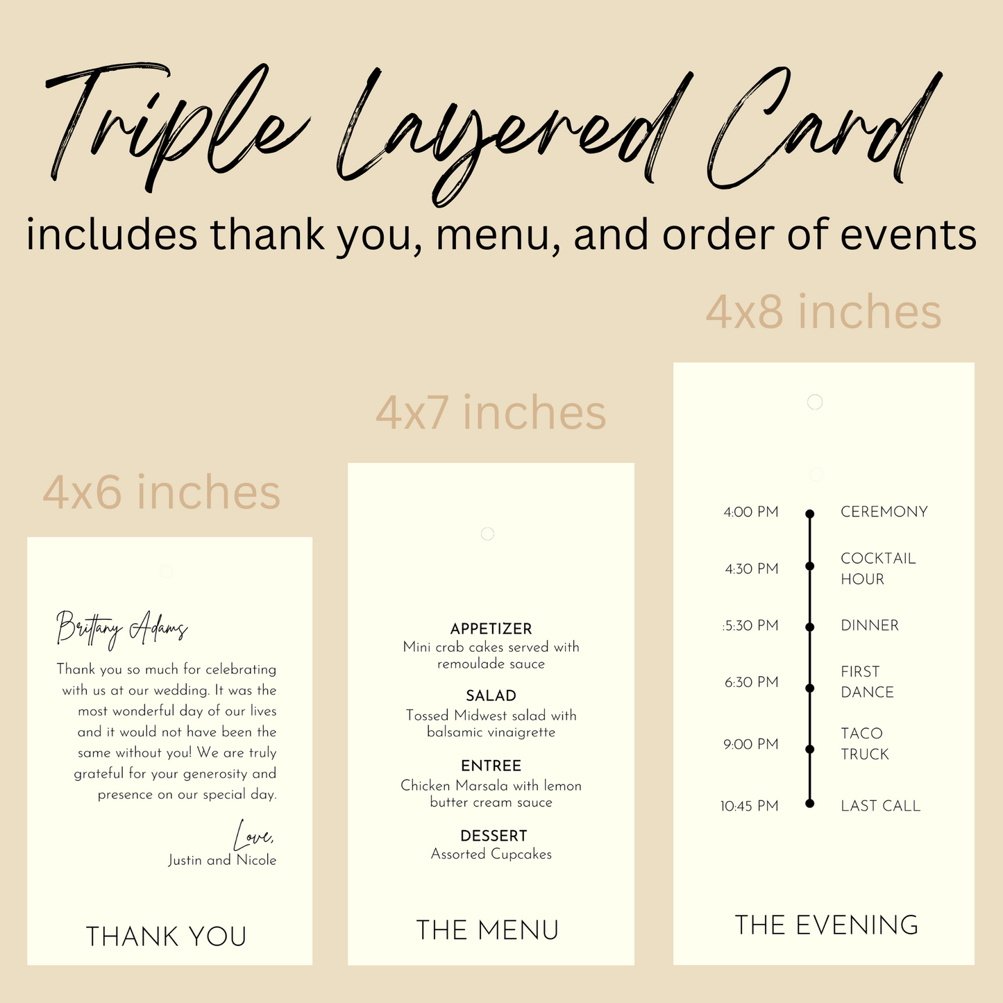 Ivory Thank You, Menu, and Order of Events Canva Template | Triple Layered Card | 4x8 Card | Canva INSTANT Download | Optional Fastener Hole