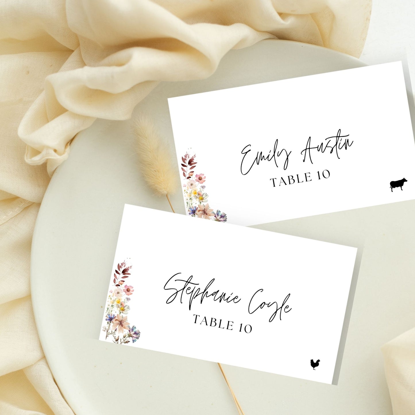 Wildflower Wedding Place Card Template, Tent & Flat Printable Name Card, Folded Wedding Escort Cards with Food Icons, Editable in FREE Canva