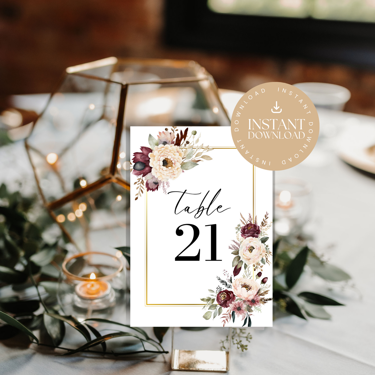 Burgundy & Blush Floral Table Numbers Template | 5x7 Table Numbers Printable | Wedding Floral Table Numbers | BURGBLUSHFLORAL