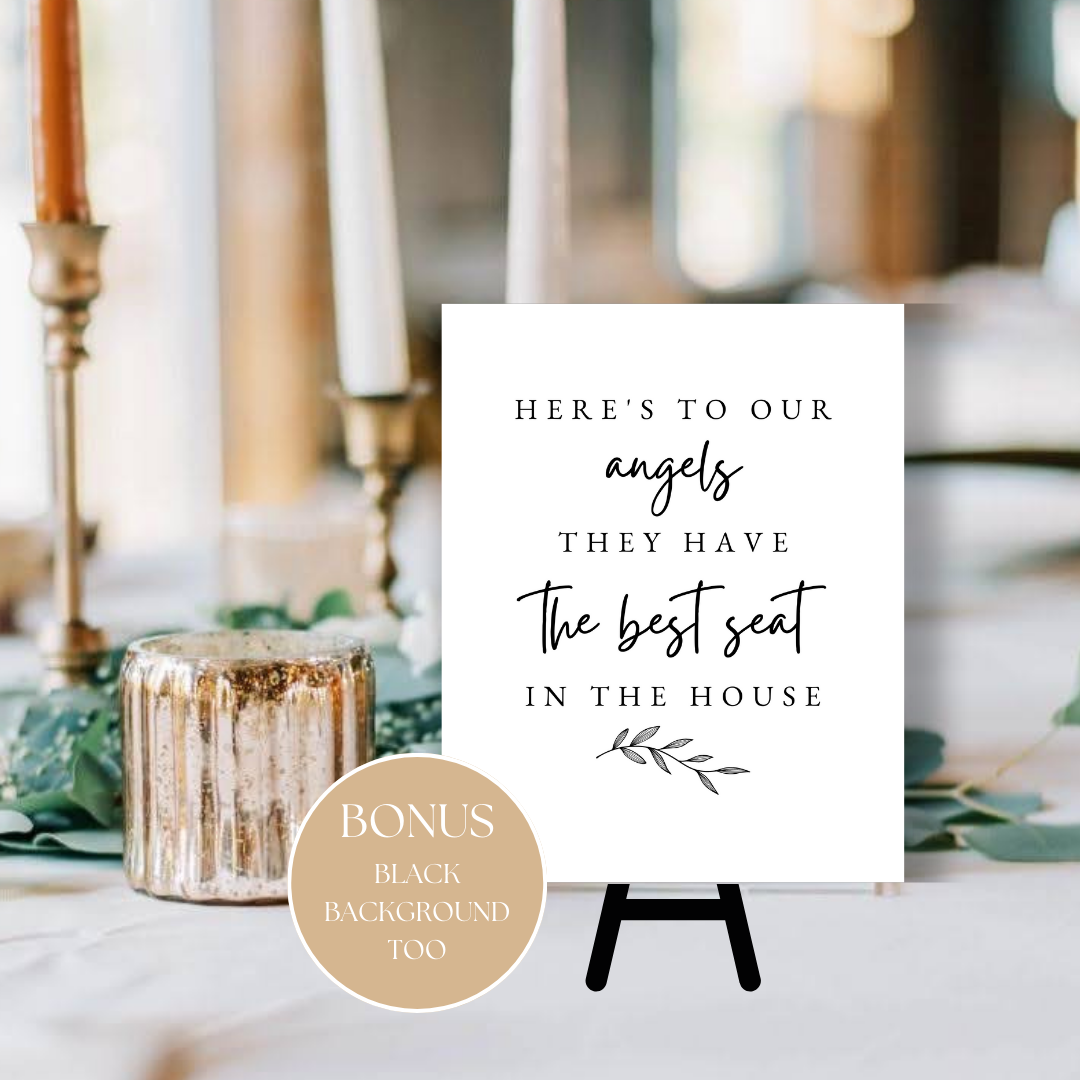 Here's to our Angels 8x10 Sign | Editable Wedding Memory Sign | BONUS - Black Background included | Black & White Memory | Canva Template