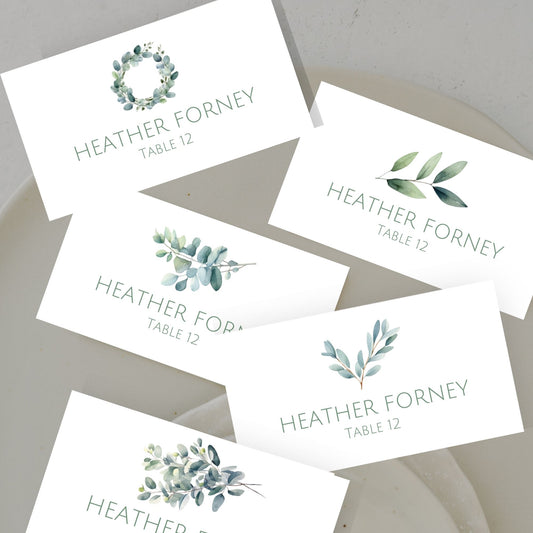 Sage Eucalyptus Wedding Place Card Template, Simple Printable Name Cards, Eucalyptus Wedding Escort Cards, Set of 5, Editable in FREE Canva