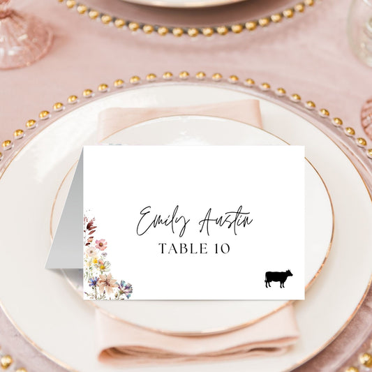 Wildflower Wedding Place Card Template, Tent & Flat Printable Name Card, Folded Wedding Escort Cards with Food Icons, Editable in FREE Canva
