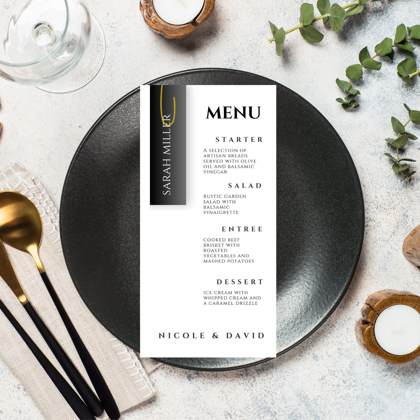 Classic and Bold Wedding Menu with Name Cards Canva Template | Modern Black & White Minimal Menu Card | Tall 4x8 Card | INSTANT Download
