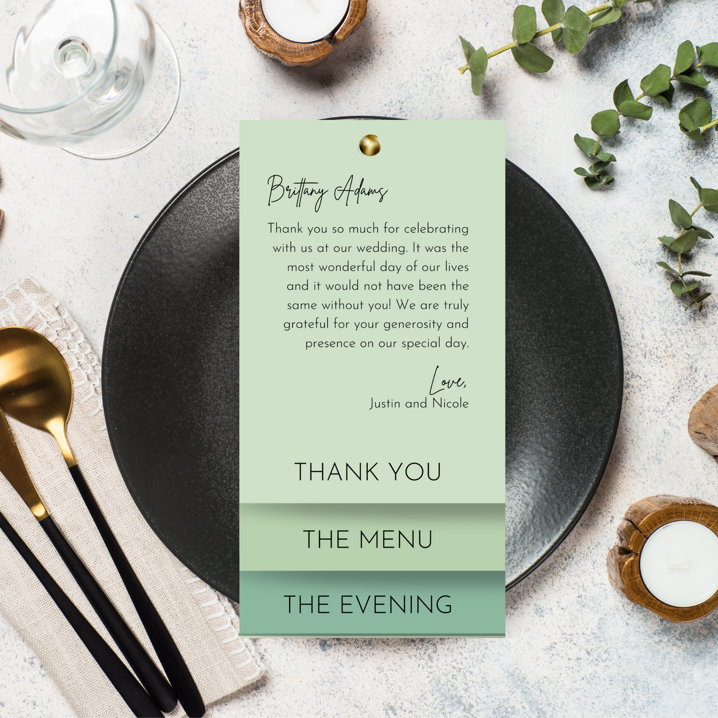 Shades of Sage Green Thank You, Menu, and Order of Events Canva Template | Triple Layered Card | 4x8 Card | Canva INSTANT Download | Optional Fastener Hole