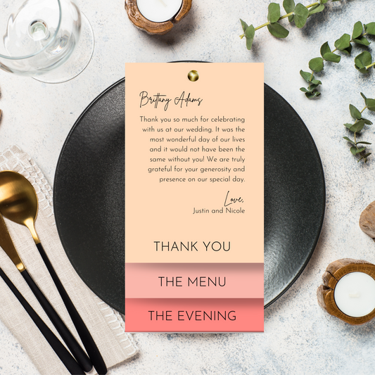 Shades of Pink Thank You, Menu, and Order of Events Canva Template | Triple Layered Card | 4x8 Card | Canva INSTANT Download | Optional Fastener Hole