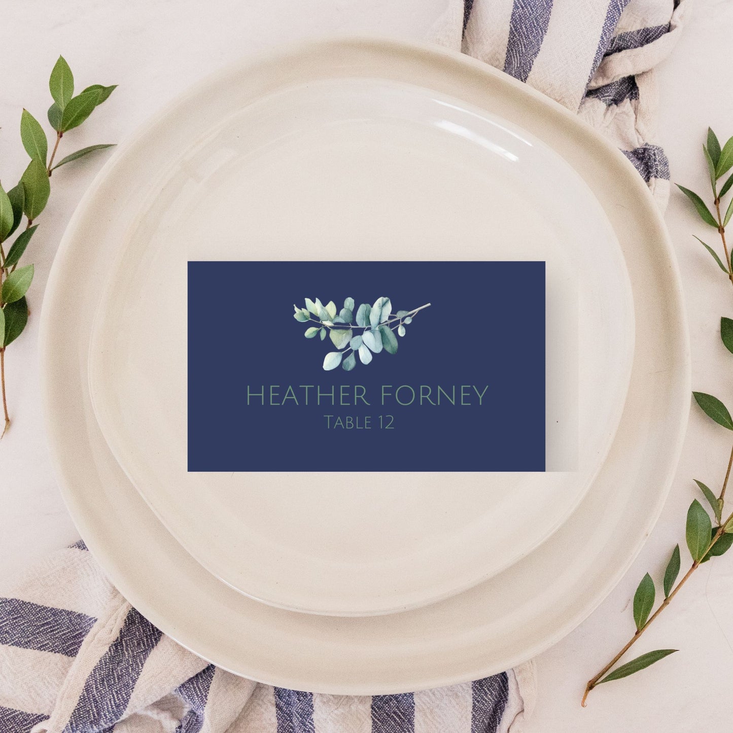 Navy Blue and Sage Eucalyptus Wedding Place Card Template, Simple Printable Name Cards, Eucalyptus Wedding Escort Cards, Set of 5, Editable in FREE Canva