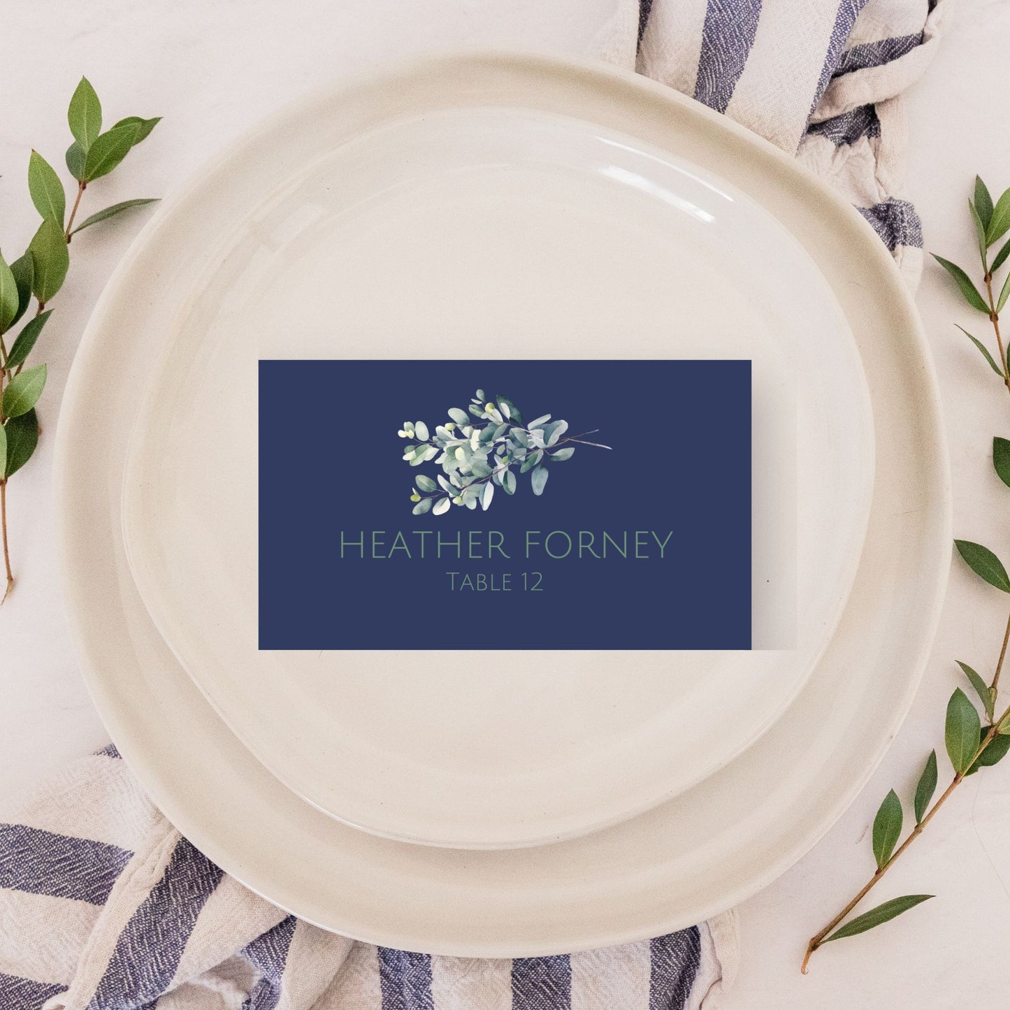 Navy Blue and Sage Eucalyptus Wedding Place Card Template, Simple Printable Name Cards, Eucalyptus Wedding Escort Cards, Set of 5, Editable in FREE Canva