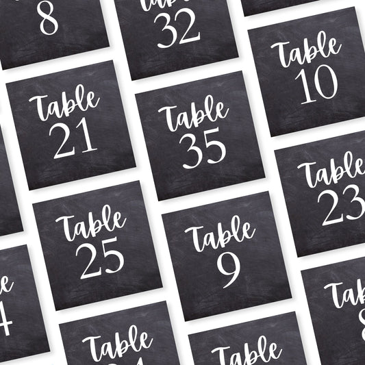 Chalkboard Table Number Canva Template | 4x4 Table Numbers Printable | Square Chalkboard Table Numbers | Black and Chalk Wedding Stationery