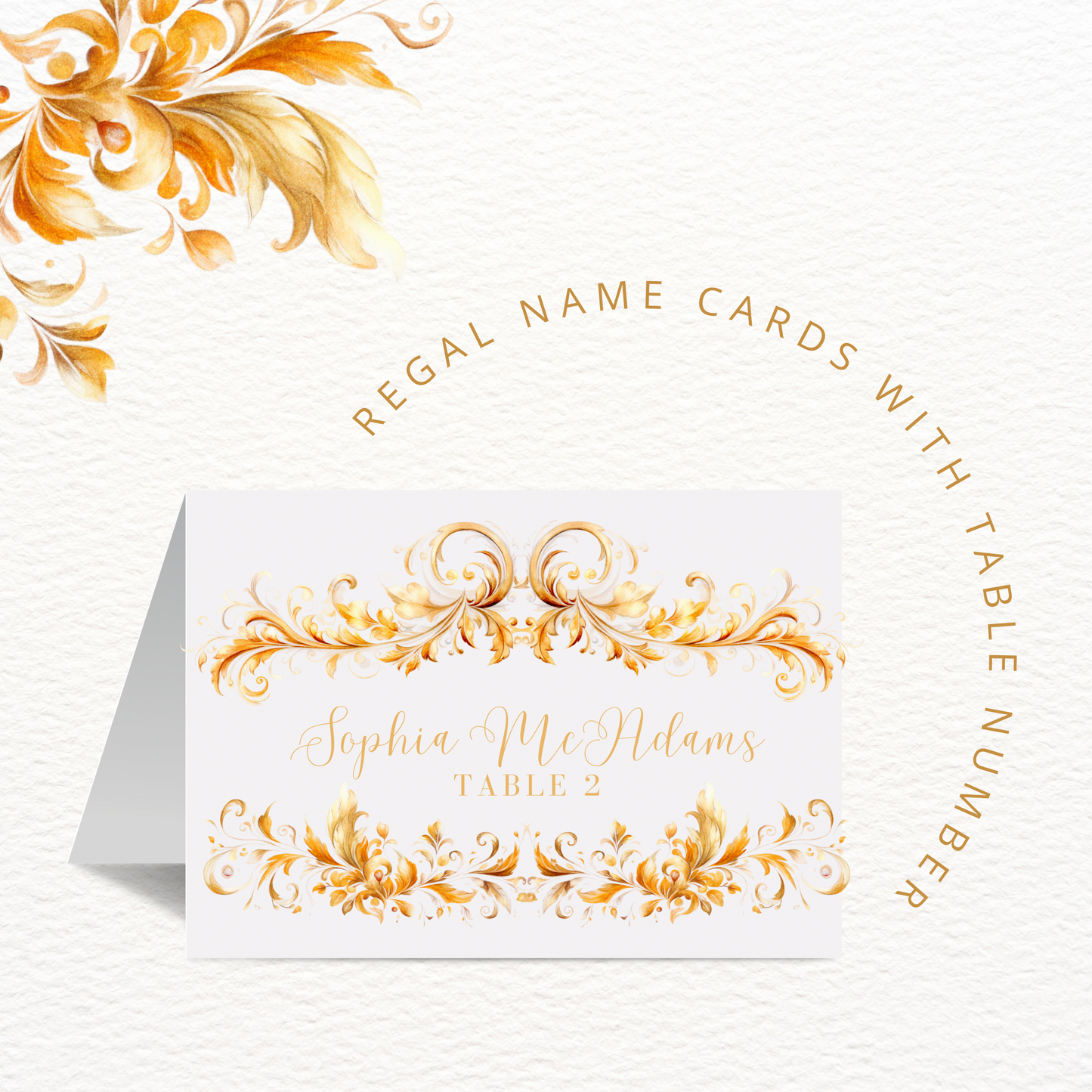 Regal Gold Wedding Place Card Template, Printable Place Cards, Gold Recency Wedding Template, Calligraphy, DOWNLOAD, Editable in FREE Canva