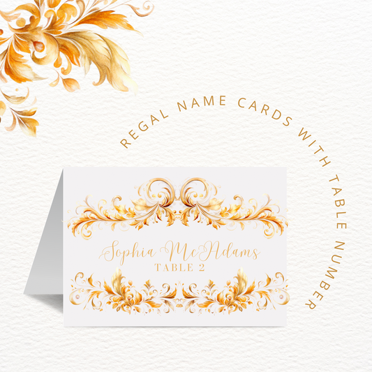Regal Gold Wedding Place Card Template, Printable Place Cards, Gold Recency Wedding Template, Calligraphy, DOWNLOAD, Editable in FREE Canva