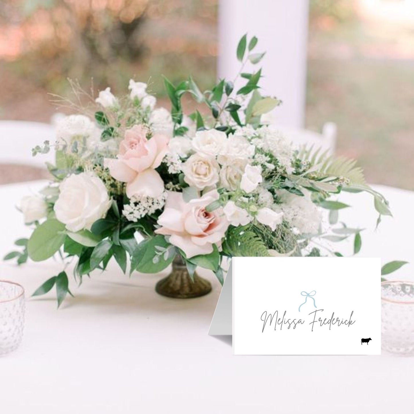 Blue Bow Wedding Place Card Template | Tented Name Card | Folded Wedding Escort Cards with Food Icons | Editable in FREE Canva | Bow Wedding