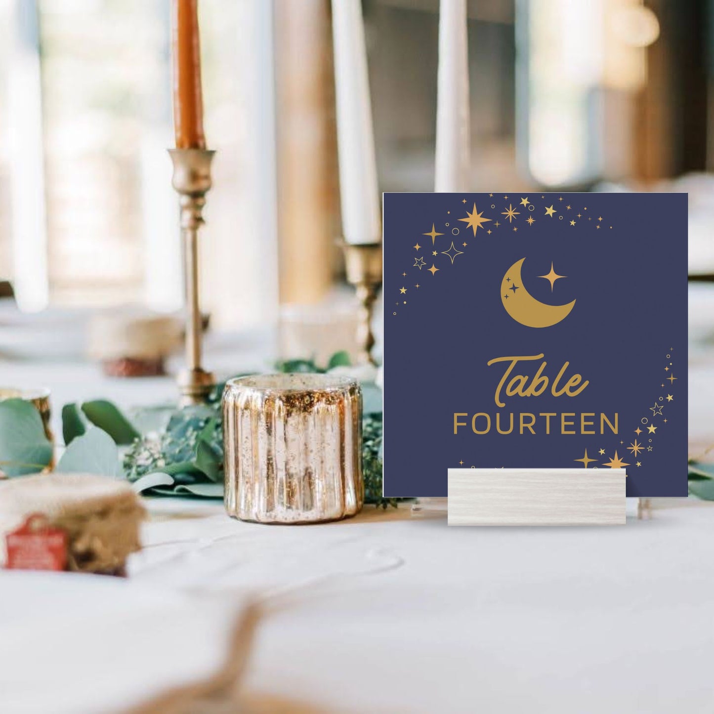 Celestial Table Number Template | 4x4 Table Numbers Printable | Square Sun & Moon Table Numbers | Navy and Gold Cosmic Wedding Stationery