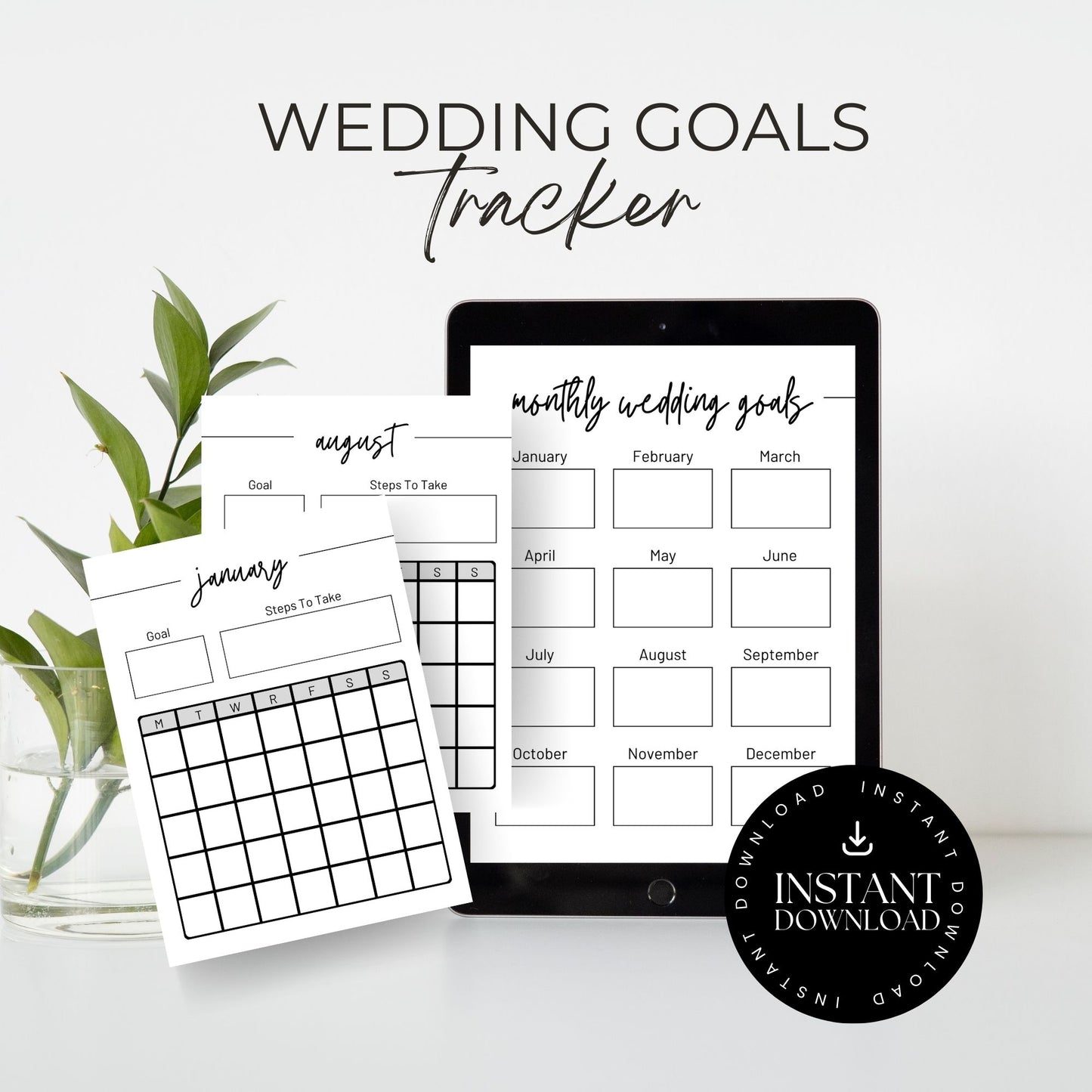 Minimalist Undated Wedding Planner Printable, Monthly Wedding Goal Setting Template, Monthly Goal Progress Tracker, Instant Download PDF