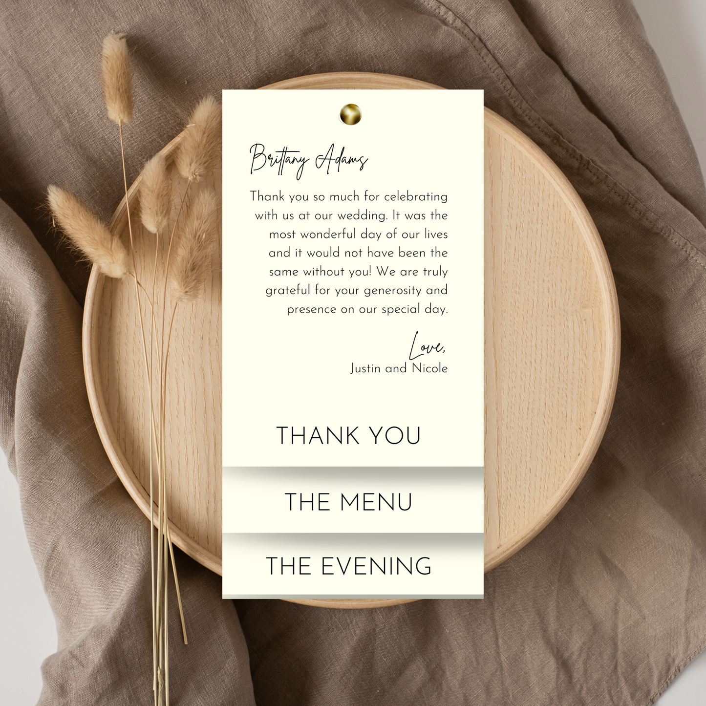 Ivory Thank You, Menu, and Order of Events Canva Template | Triple Layered Card | 4x8 Card | Canva INSTANT Download | Optional Fastener Hole