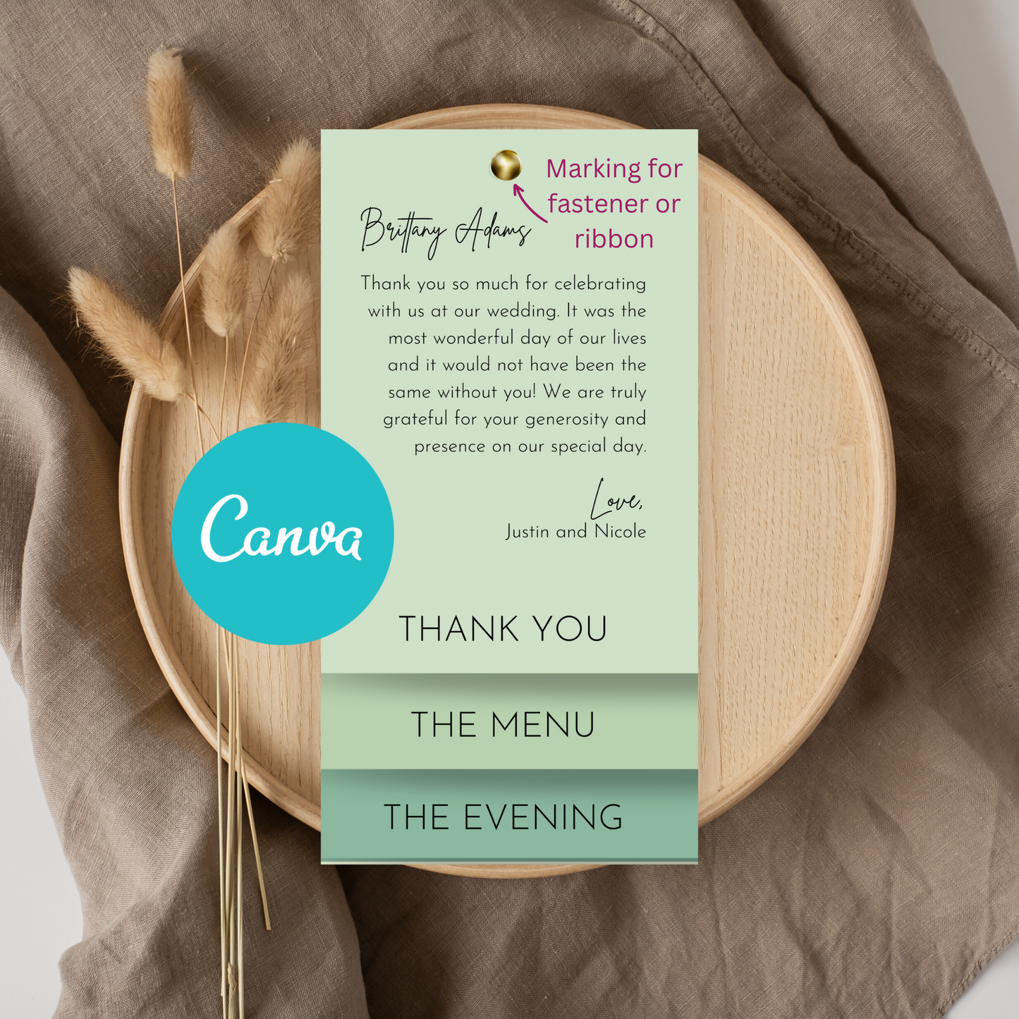 Shades of Sage Green Thank You, Menu, and Order of Events Canva Template | Triple Layered Card | 4x8 Card | Canva INSTANT Download | Optional Fastener Hole