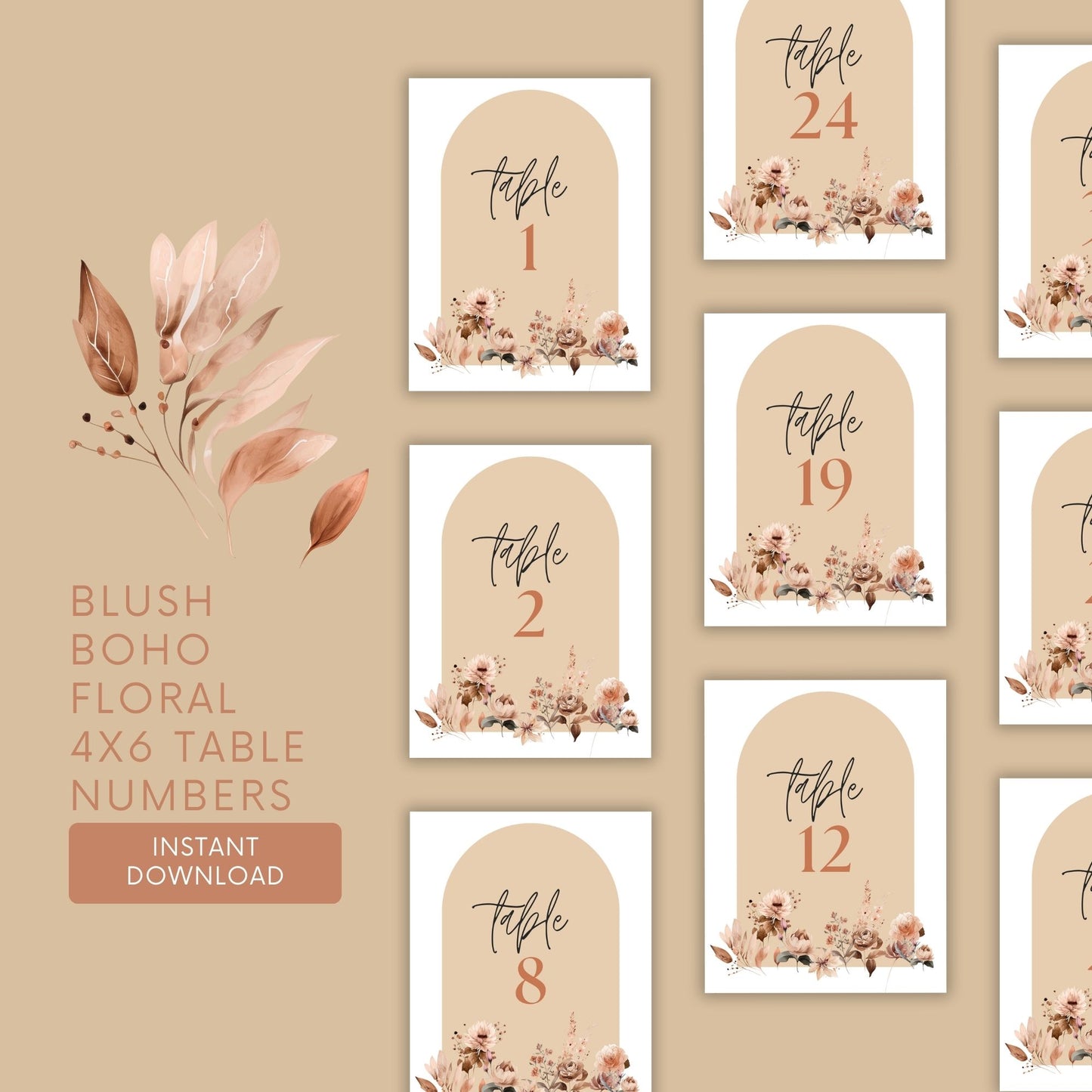 Blush Boho Floral Table Numbers Template, 4x6 Table Numbers Printable, Boho Flowers Wedding Table Numbers, Boho Wedding | Download in Canva