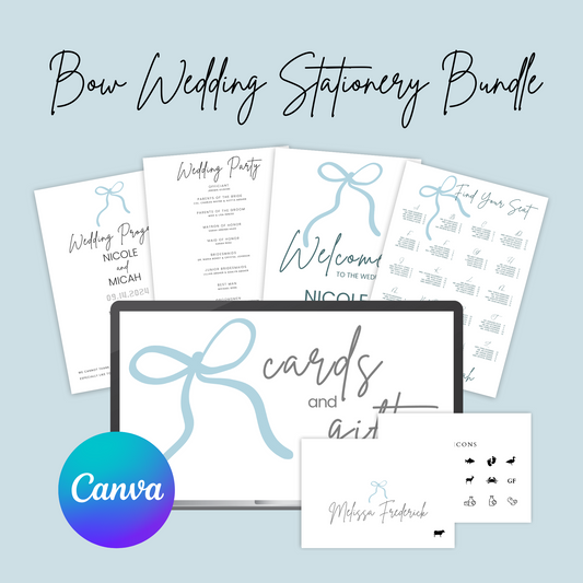 Wedding Stationery with Bow Bundle Canva Templates | Wedding Welcome, Escort Board, Escort Cards, Table Numbers, Programs, Menus, Bar Signs