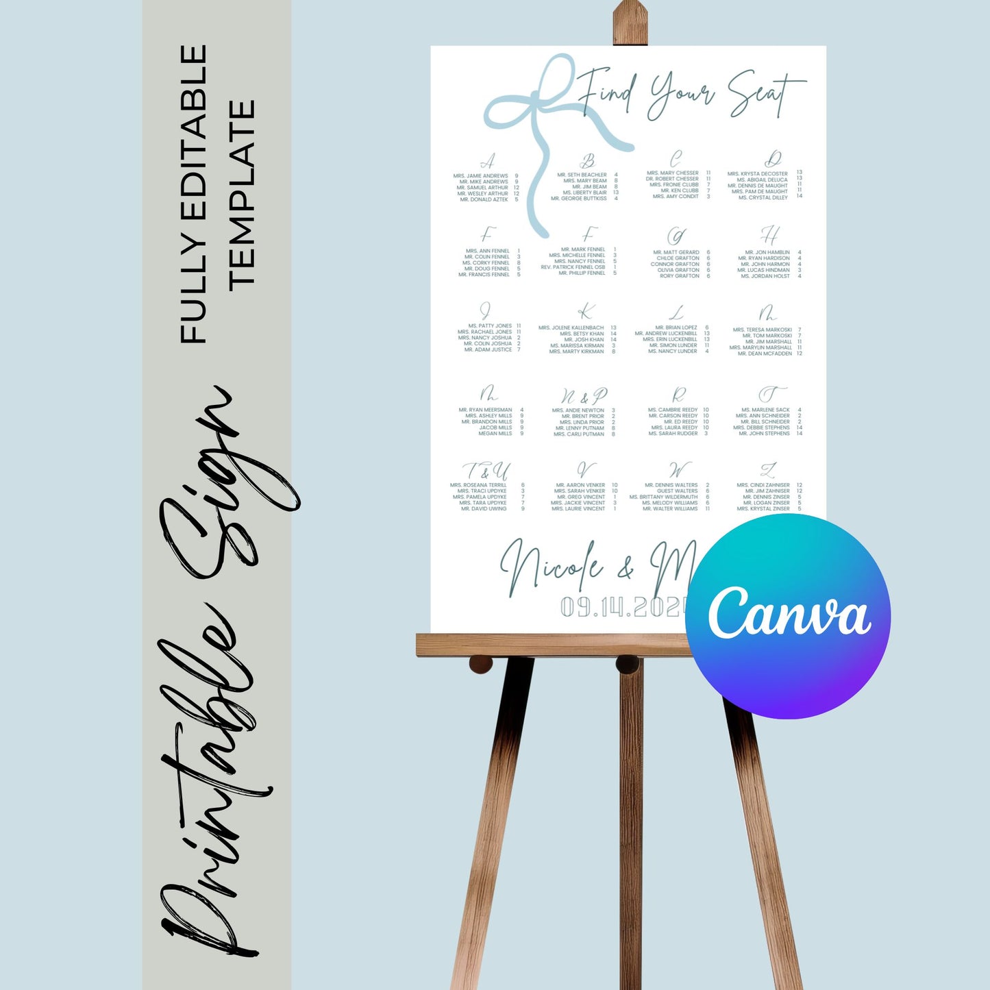 Bow Escort Board Template | Assigned Seating | Seating Chart | DIY Customized Wedding Board | Canva Template | Blue Seating Arrangement