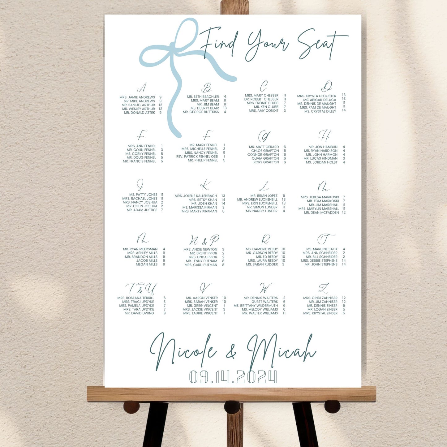 Bow Escort Board Template | Assigned Seating | Seating Chart | DIY Customized Wedding Board | Canva Template | Blue Seating Arrangement