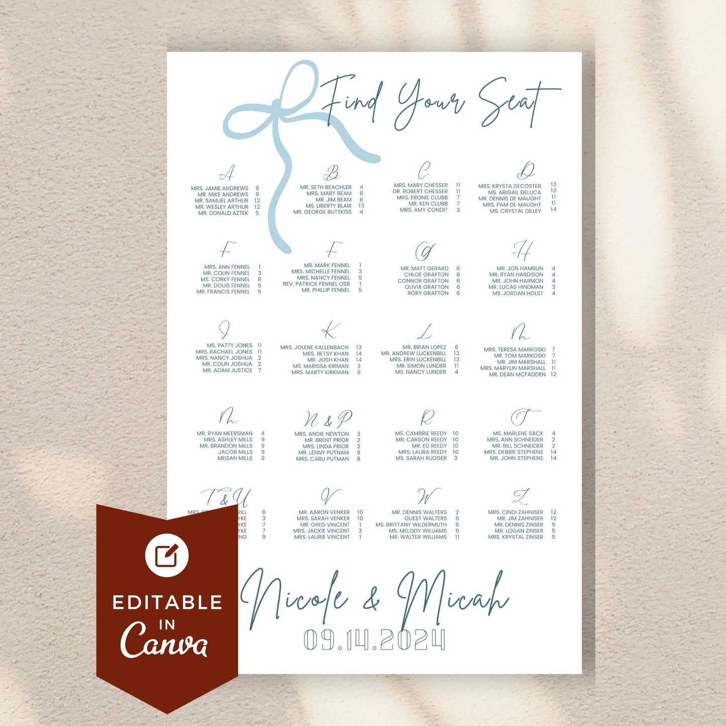 Bow Escort Board Template | Assigned Seating | Seating Chart | DIY Customized Wedding Board | Canva Template | Blue Seating Arrangement