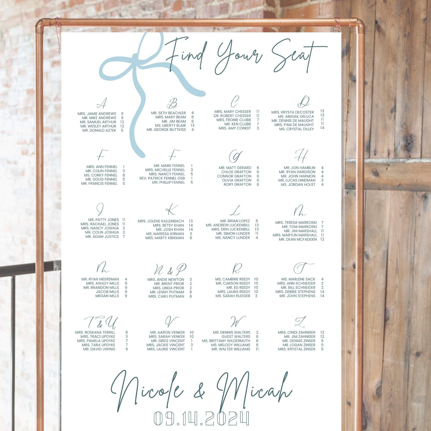 Bow Escort Board Template | Assigned Seating | Seating Chart | DIY Customized Wedding Board | Canva Template | Blue Seating Arrangement