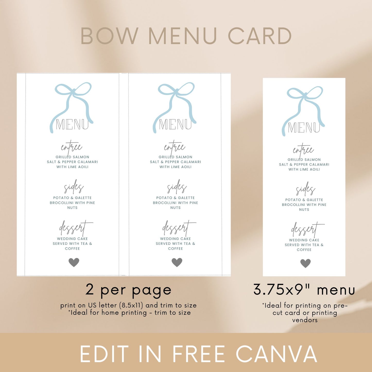 Bow Wedding Menu Canva Template | Dusty Blue Wedding Menu Card | Tall and Skinny Menu Card | Canva INSTANT Download | DIY Wedding Menu Card