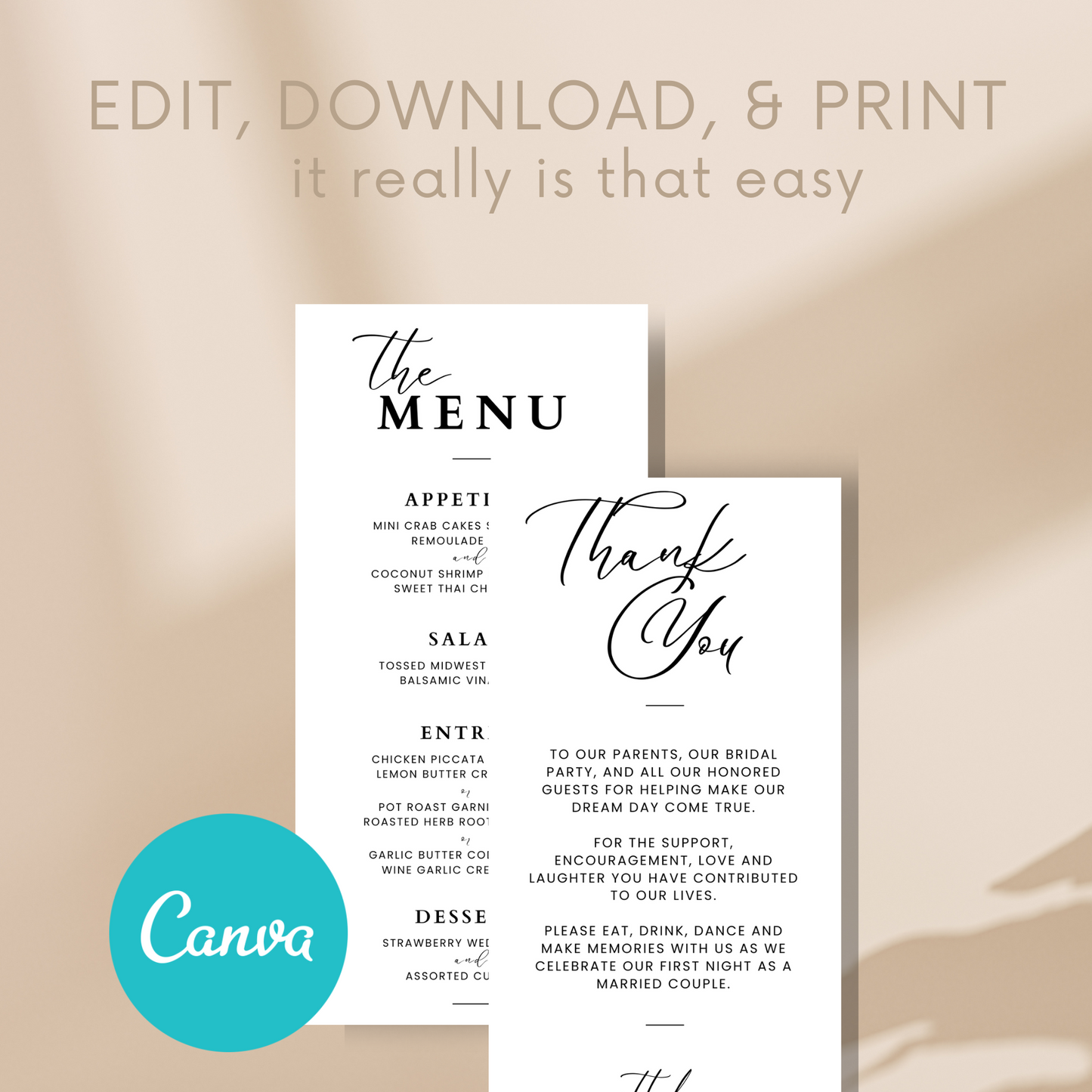 Thank You Canva Template | Modern Black & White Minimal Calligraphy Menu Card | Tall 4x8 Card | Canva INSTANT Download | BONUS Menu Card
